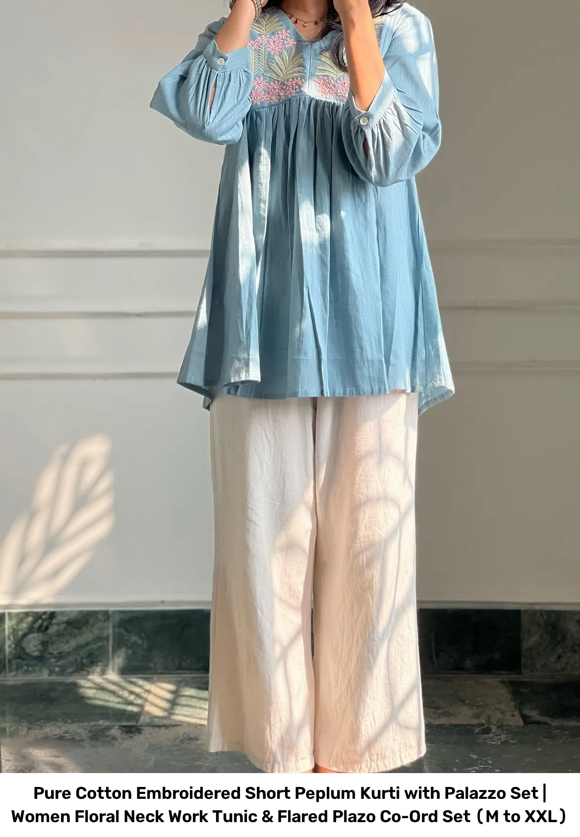 Pure Cotton Embroidered Short Peplum Kurti with Palazzo Set | Women Floral Neck Work Tunic & Flared Plazo Co-Ord Set (M to XXL) 10