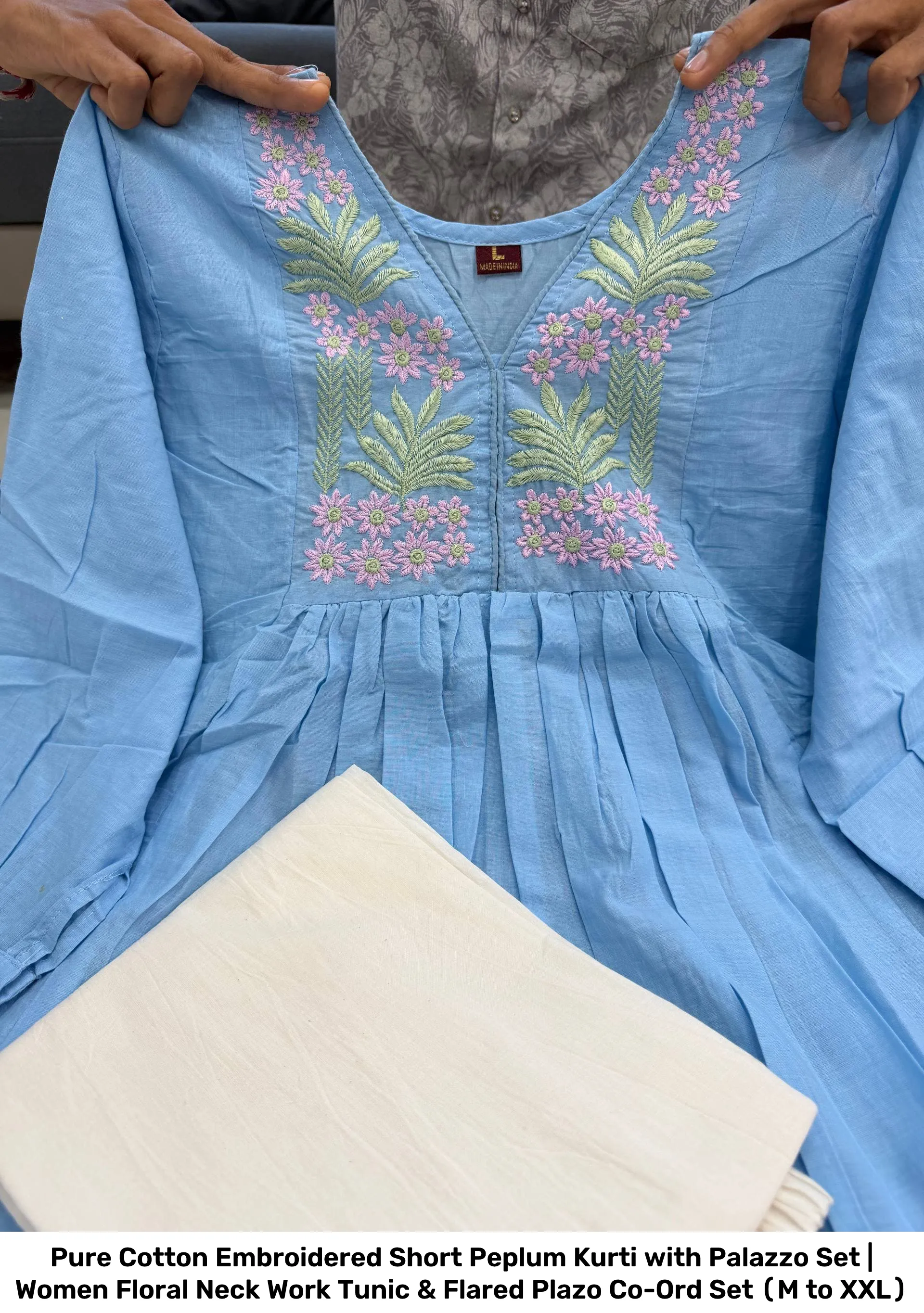 Pure Cotton Embroidered Short Peplum Kurti with Palazzo Set | Women Floral Neck Work Tunic & Flared Plazo Co-Ord Set (M to XXL) 11