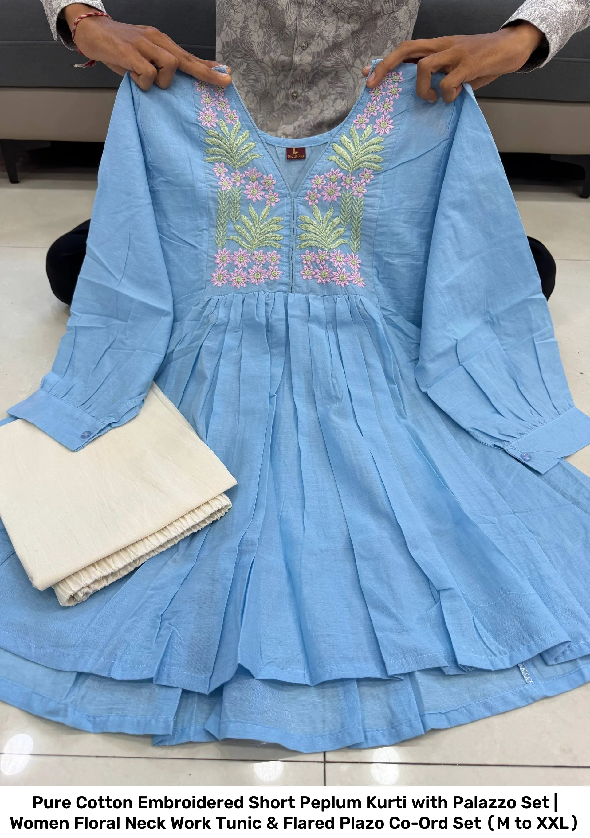 Pure Cotton Embroidered Short Peplum Kurti with Palazzo Set | Women Floral Neck Work Tunic & Flared Plazo Co-Ord Set (M to XXL) 2