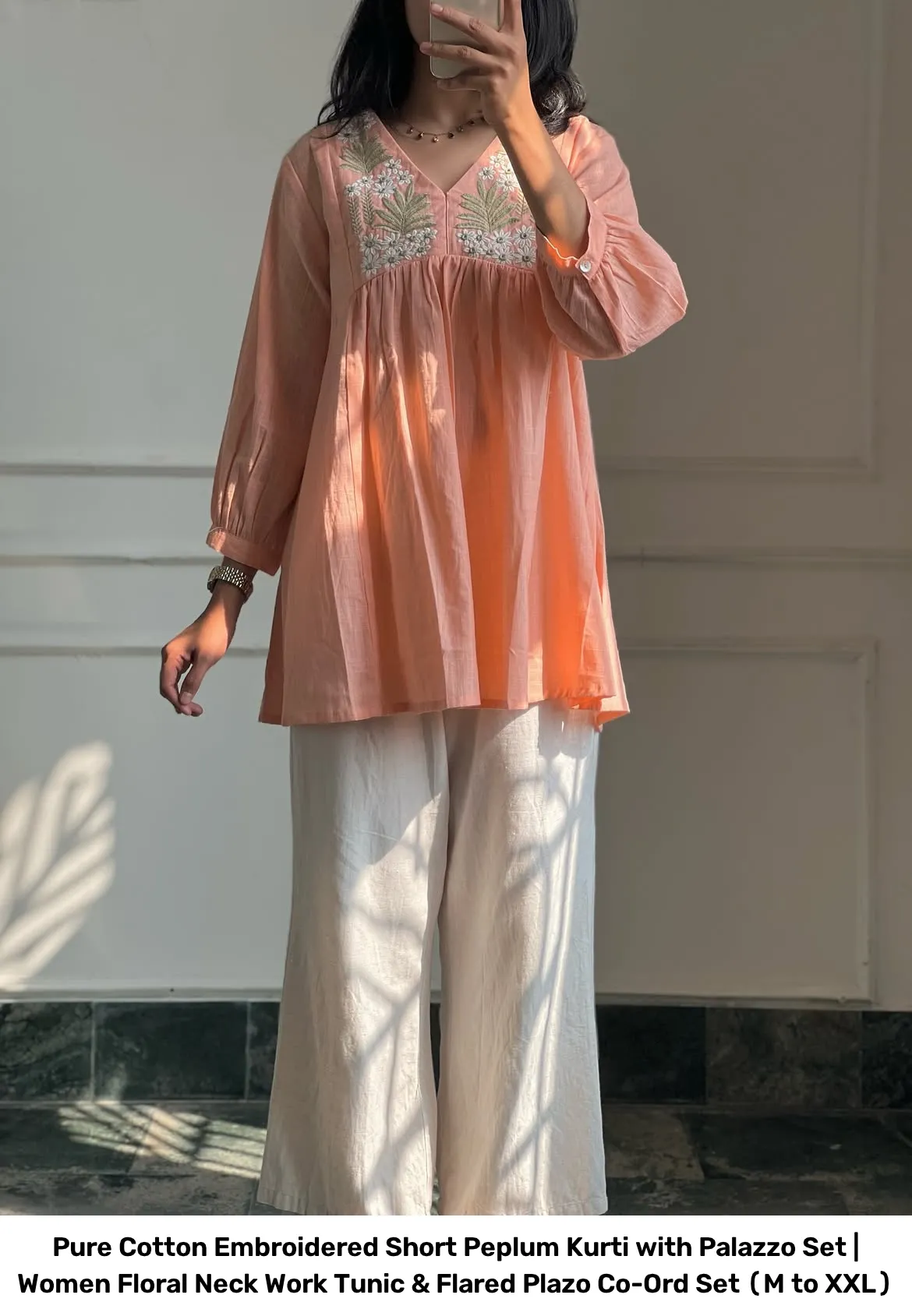 Pure Cotton Embroidered Short Peplum Kurti with Palazzo Set | Women Floral Neck Work Tunic & Flared Plazo Co-Ord Set (M to XXL) 3