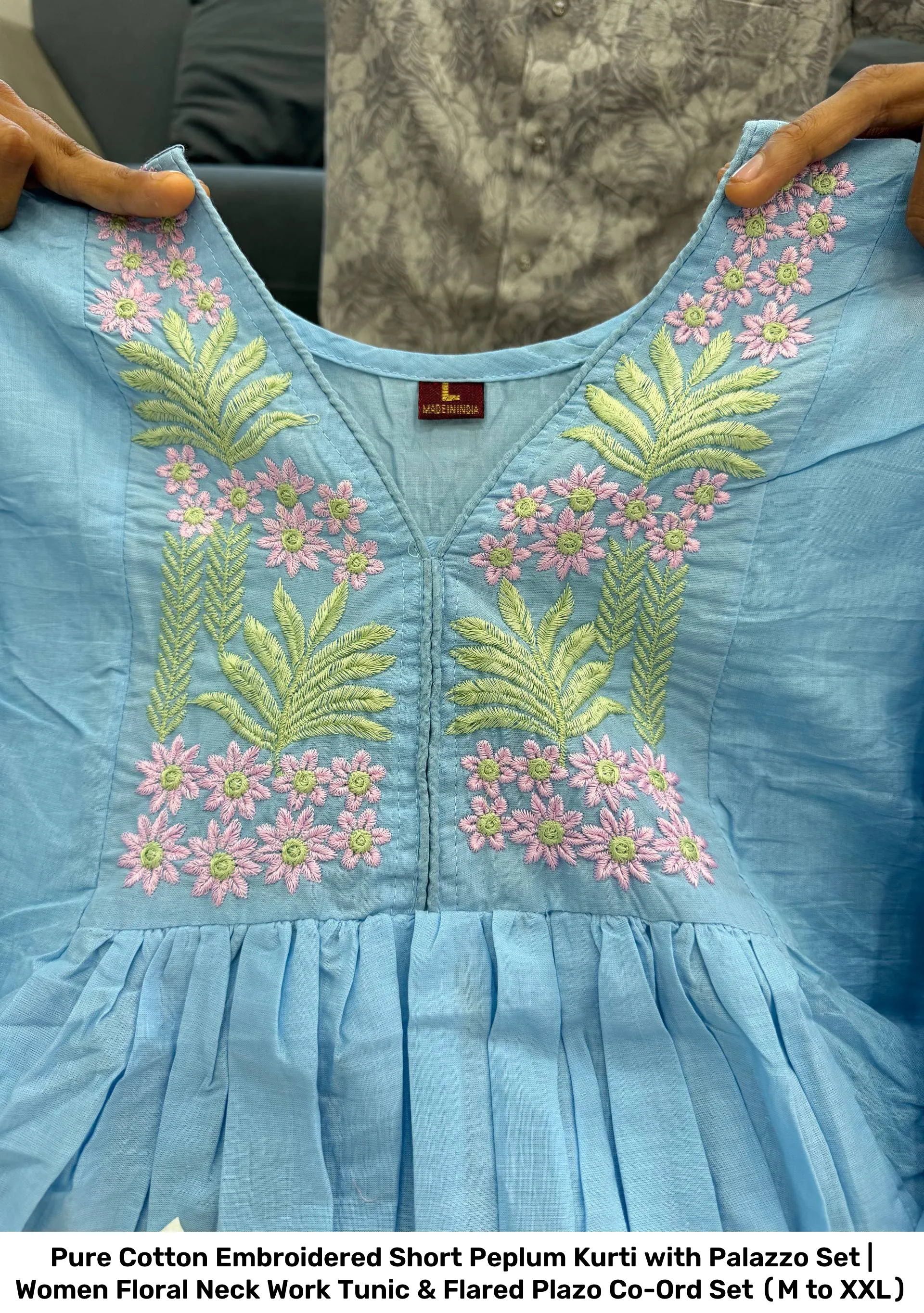 Pure Cotton Embroidered Short Peplum Kurti with Palazzo Set | Women Floral Neck Work Tunic & Flared Plazo Co-Ord Set (M to XXL) 4