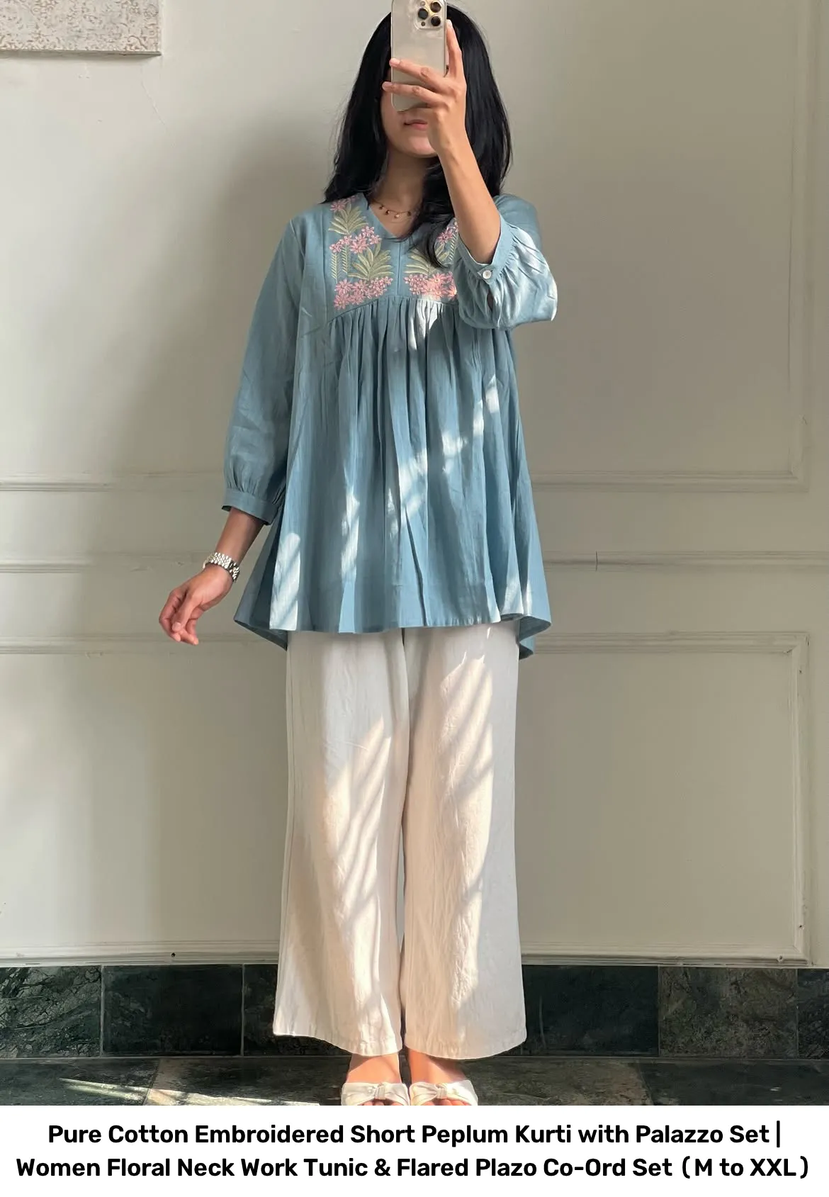Pure Cotton Embroidered Short Peplum Kurti with Palazzo Set | Women Floral Neck Work Tunic & Flared Plazo Co-Ord Set (M to XXL) 5