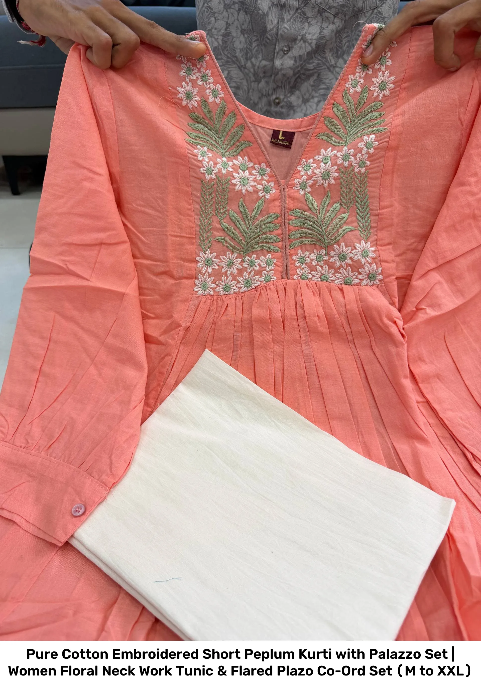 Pure Cotton Embroidered Short Peplum Kurti with Palazzo Set | Women Floral Neck Work Tunic & Flared Plazo Co-Ord Set (M to XXL) 6