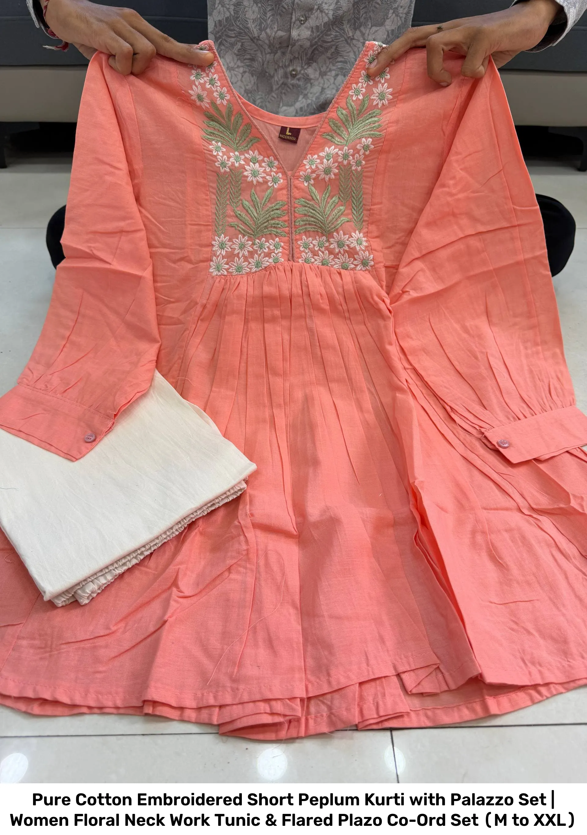Pure Cotton Embroidered Short Peplum Kurti with Palazzo Set | Women Floral Neck Work Tunic & Flared Plazo Co-Ord Set (M to XXL) 7