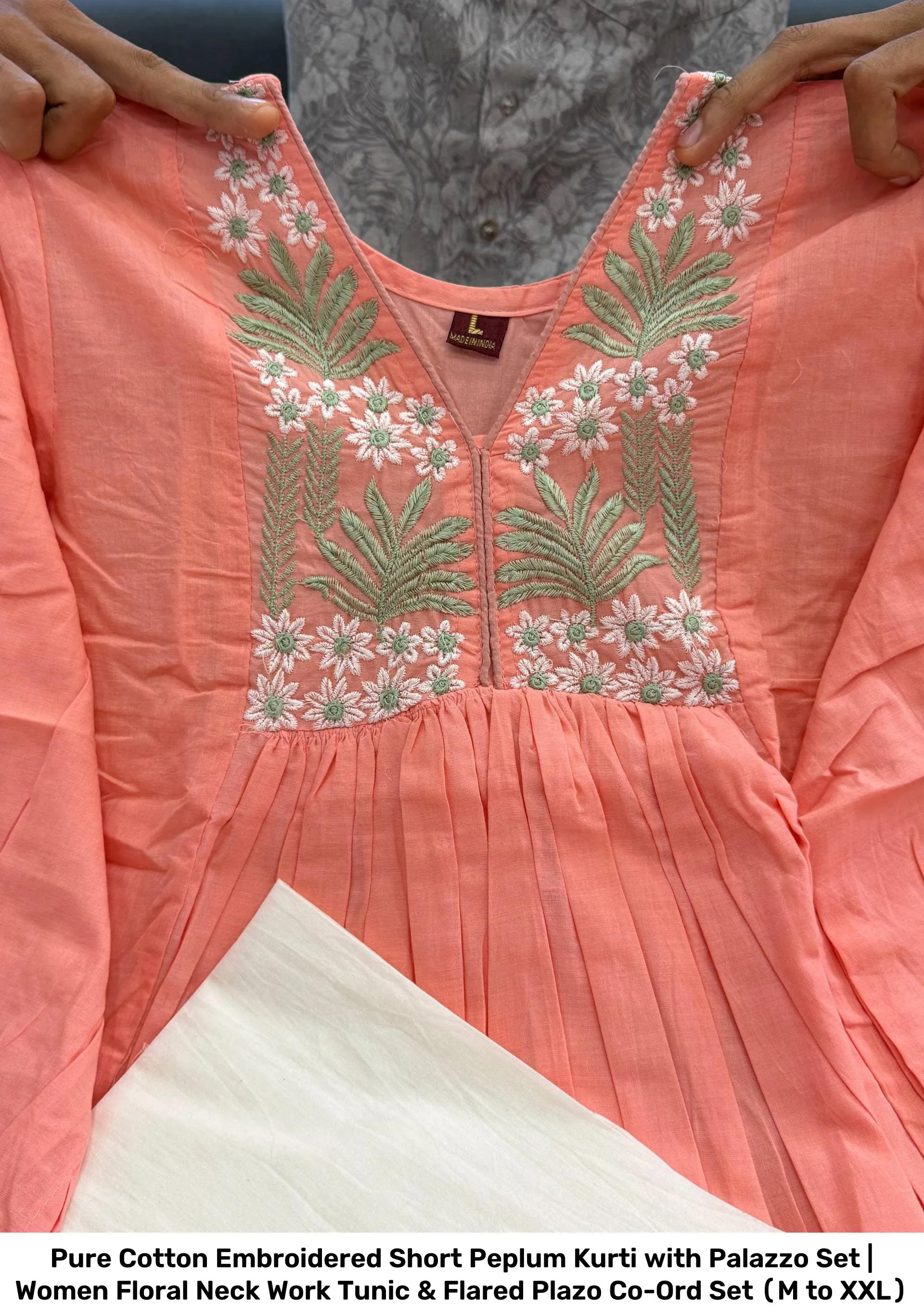 Pure Cotton Embroidered Short Peplum Kurti with Palazzo Set | Women Floral Neck Work Tunic & Flared Plazo Co-Ord Set (M to XXL) 8