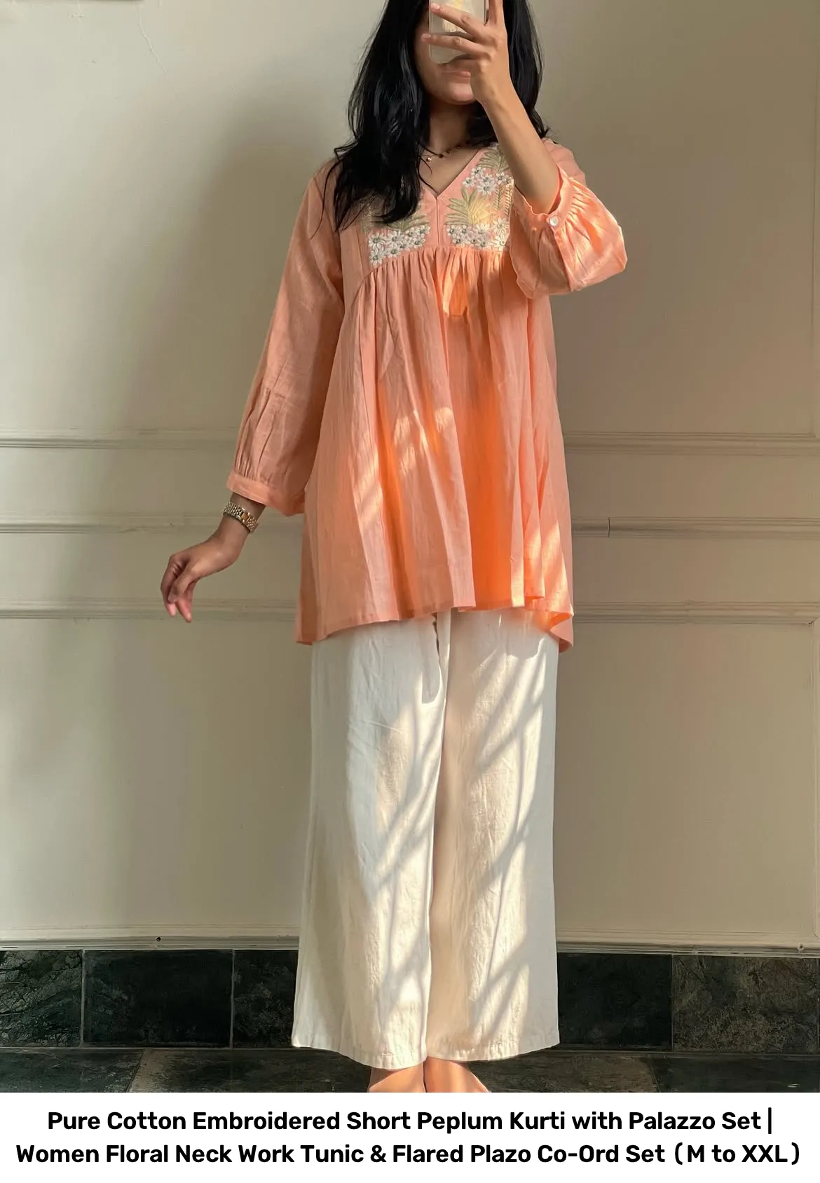Pure Cotton Embroidered Short Peplum Kurti with Palazzo Set | Women Floral Neck Work Tunic & Flared Plazo Co-Ord Set (M to XXL) 9