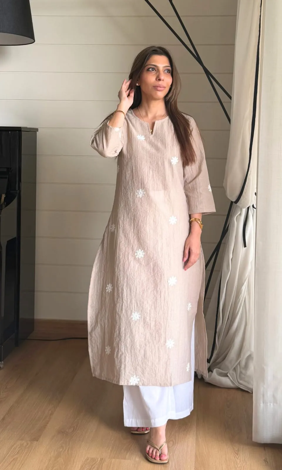 Pure Cotton Floral Aari Work Straight Kurti with Cotton Flex Palazzo Set | Elegant Daily & Office Wear 2-Piece Suit