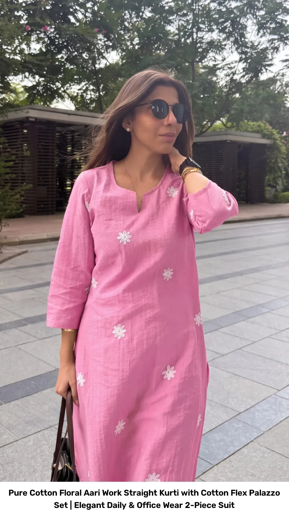 Pure Cotton Floral Aari Work Straight Kurti with Cotton Flex Palazzo Set | Elegant Daily & Office Wear 2-Piece Suit 10