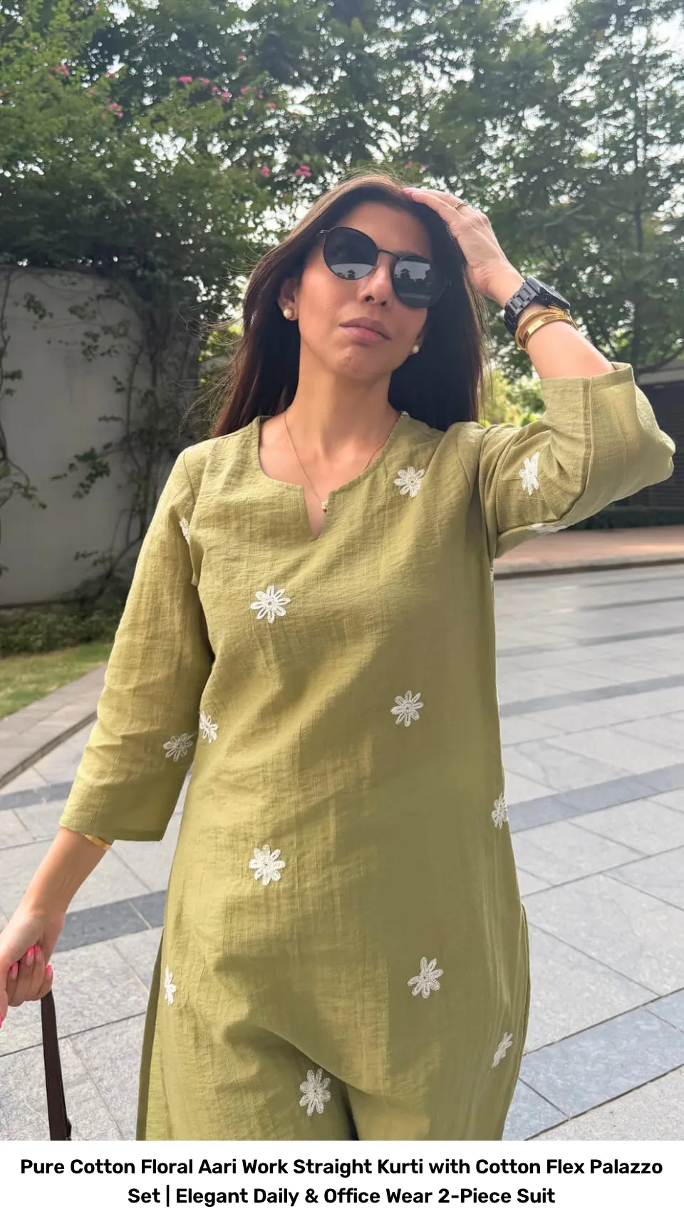 Pure Cotton Floral Aari Work Straight Kurti with Cotton Flex Palazzo Set | Elegant Daily & Office Wear 2-Piece Suit 11
