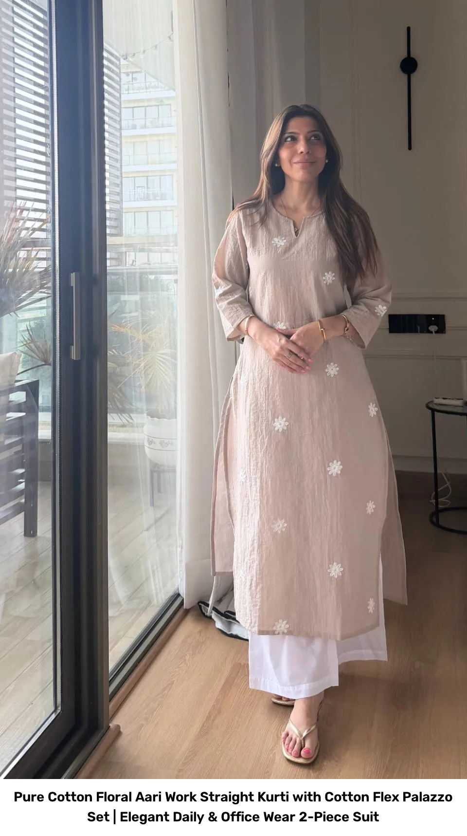 Pure Cotton Floral Aari Work Straight Kurti with Cotton Flex Palazzo Set | Elegant Daily & Office Wear 2-Piece Suit 12