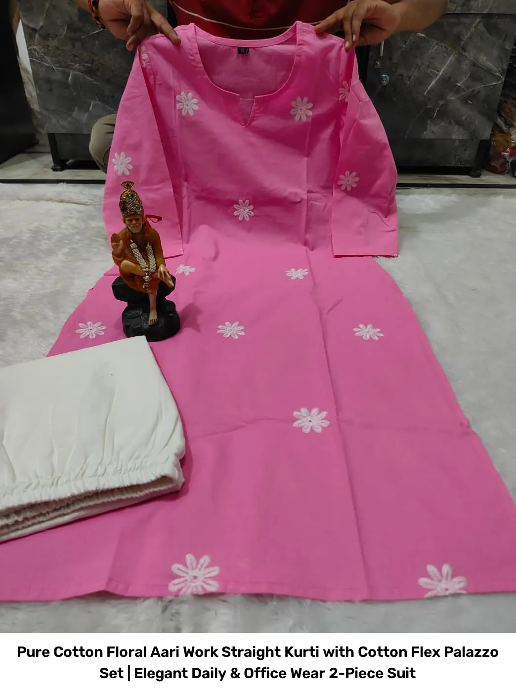 Pure Cotton Floral Aari Work Straight Kurti with Cotton Flex Palazzo Set | Elegant Daily & Office Wear 2-Piece Suit 14