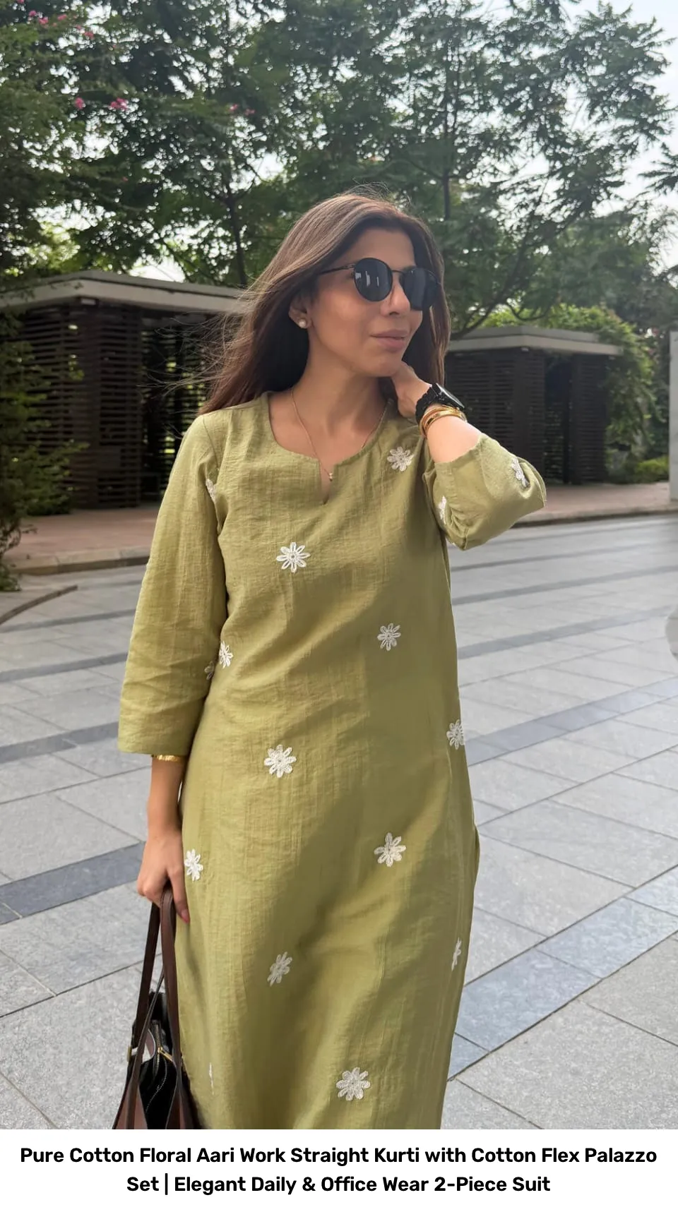 Pure Cotton Floral Aari Work Straight Kurti with Cotton Flex Palazzo Set | Elegant Daily & Office Wear 2-Piece Suit 15