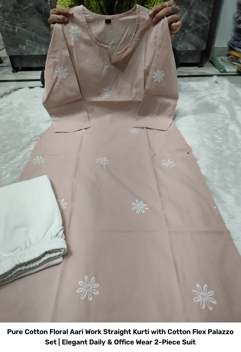 Pure Cotton Floral Aari Work Straight Kurti with Cotton Flex Palazzo Set | Elegant Daily & Office Wear 2-Piece Suit 2