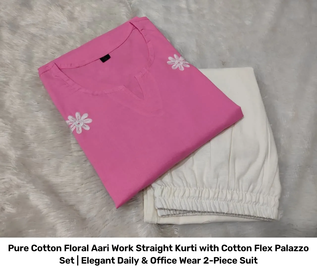 Pure Cotton Floral Aari Work Straight Kurti with Cotton Flex Palazzo Set | Elegant Daily & Office Wear 2-Piece Suit 3