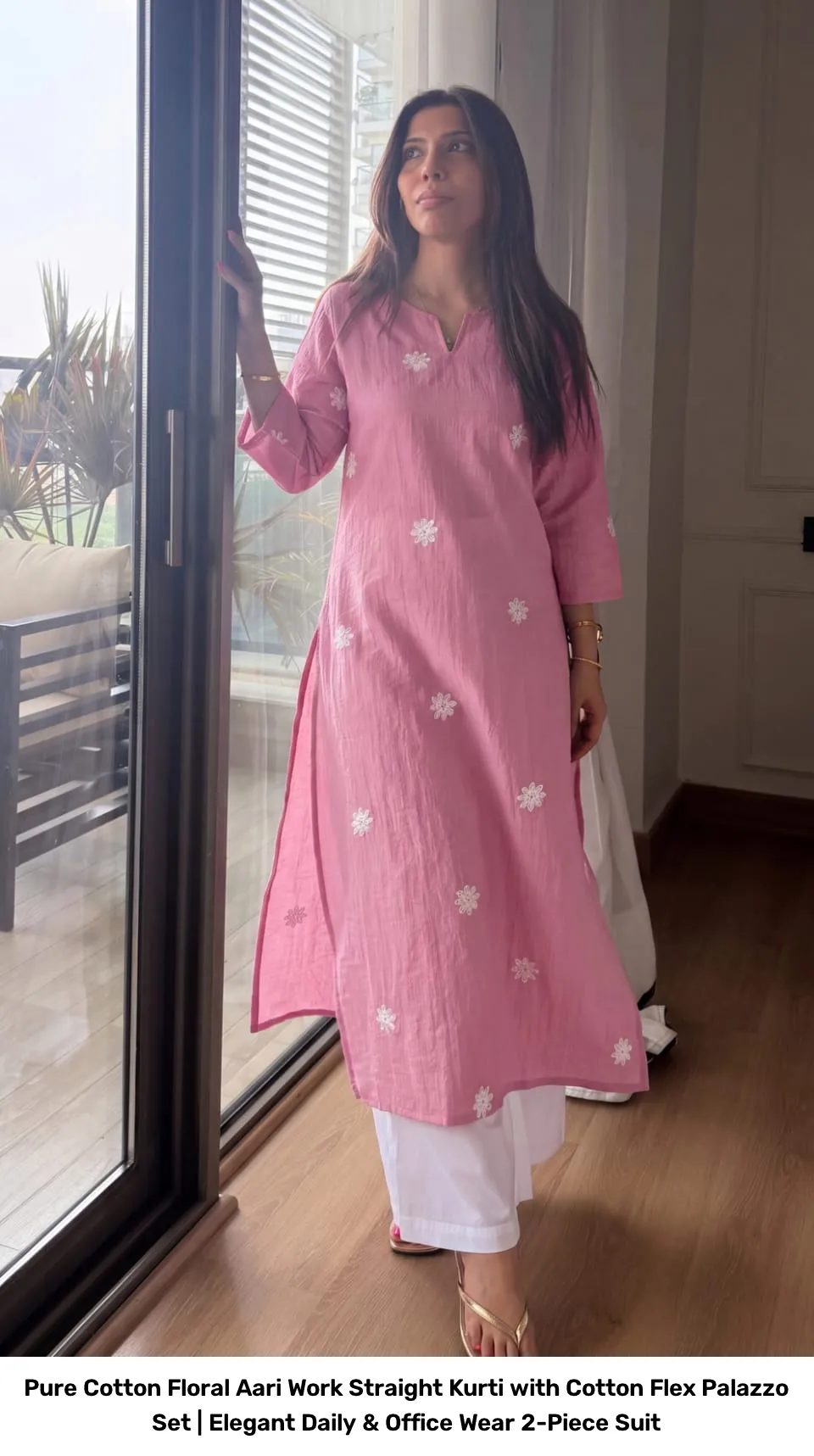Pure Cotton Floral Aari Work Straight Kurti with Cotton Flex Palazzo Set | Elegant Daily & Office Wear 2-Piece Suit 4