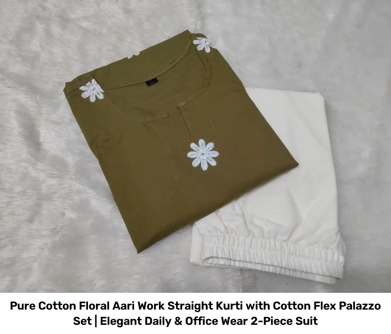 Pure Cotton Floral Aari Work Straight Kurti with Cotton Flex Palazzo Set | Elegant Daily & Office Wear 2-Piece Suit 5