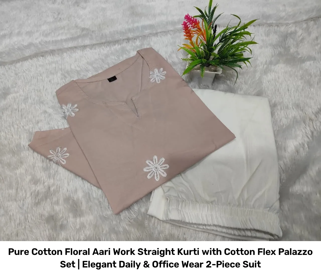 Pure Cotton Floral Aari Work Straight Kurti with Cotton Flex Palazzo Set | Elegant Daily & Office Wear 2-Piece Suit 6