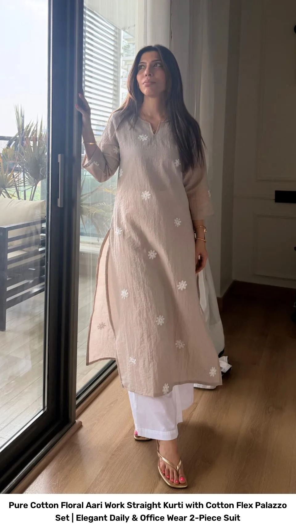 Pure Cotton Floral Aari Work Straight Kurti with Cotton Flex Palazzo Set | Elegant Daily & Office Wear 2-Piece Suit 7