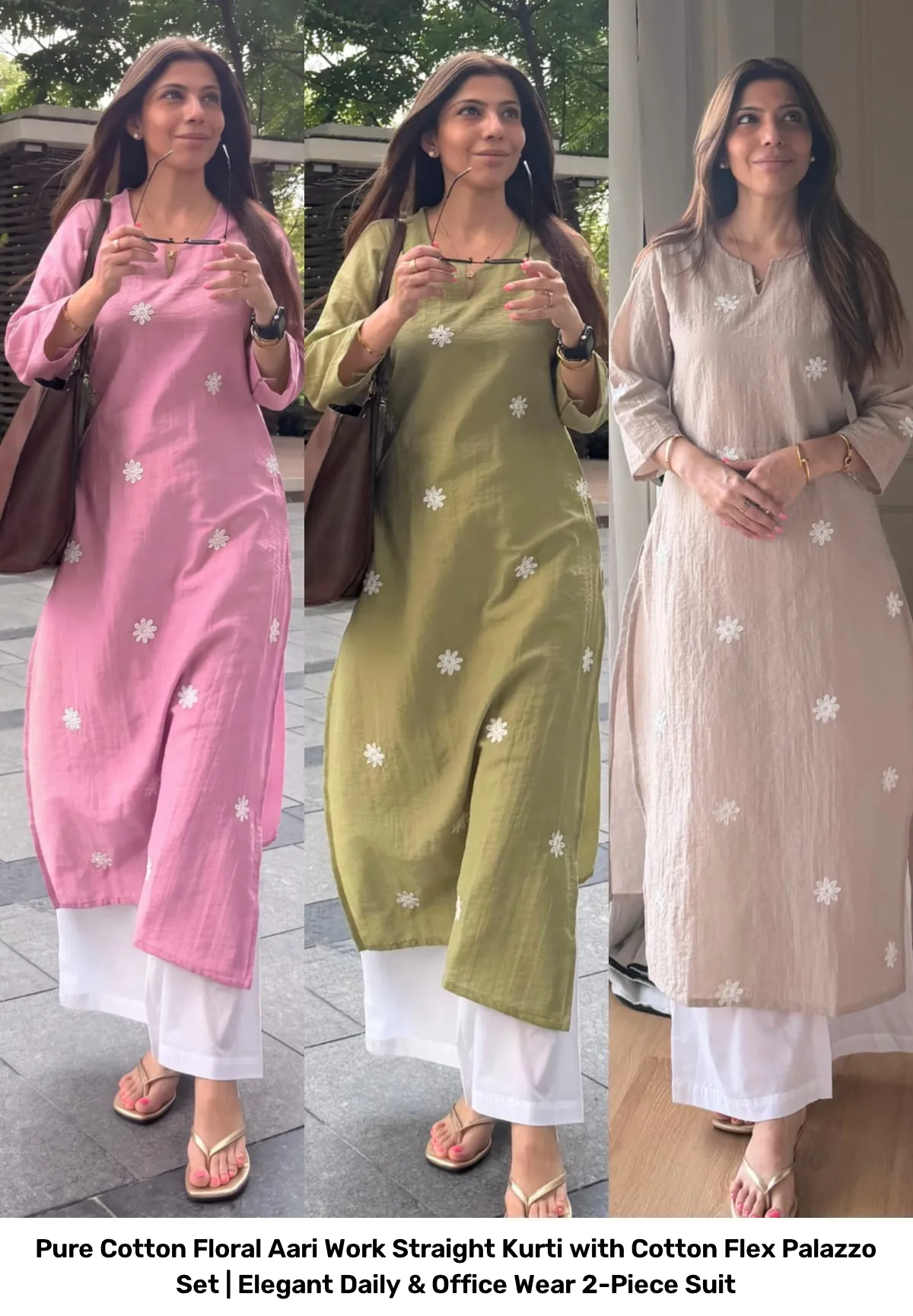Pure Cotton Floral Aari Work Straight Kurti with Cotton Flex Palazzo Set | Elegant Daily & Office Wear 2-Piece Suit 8
