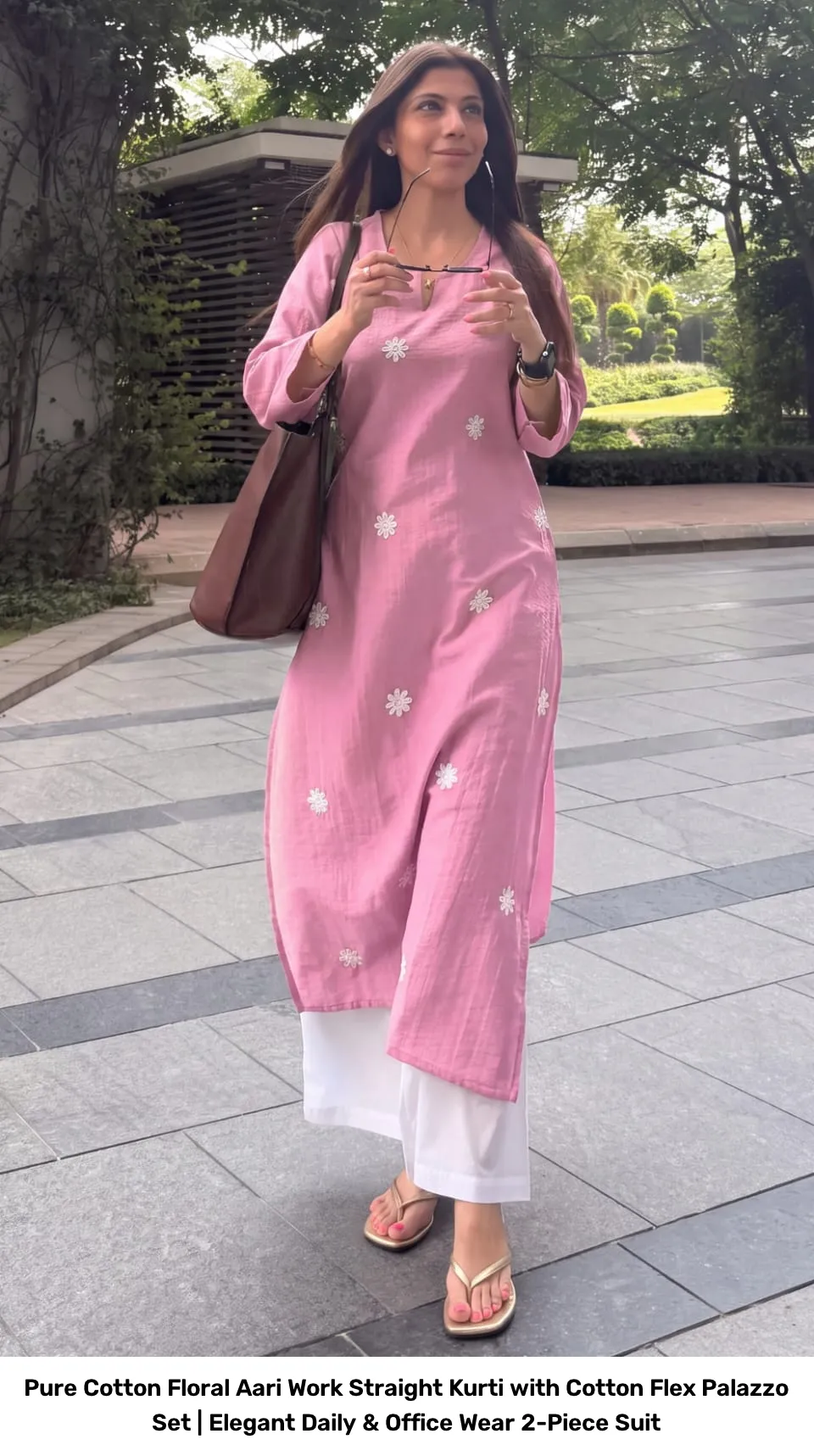 Pure Cotton Floral Aari Work Straight Kurti with Cotton Flex Palazzo Set | Elegant Daily & Office Wear 2-Piece Suit 9