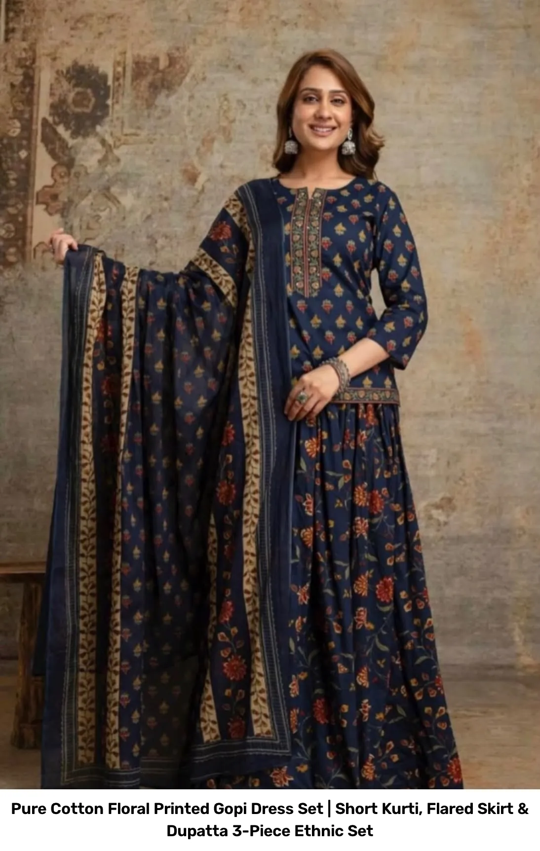 Pure Cotton Floral Printed Gopi Dress Set | Short Kurti, Flared Skirt & Dupatta 3-Piece Ethnic Set 11