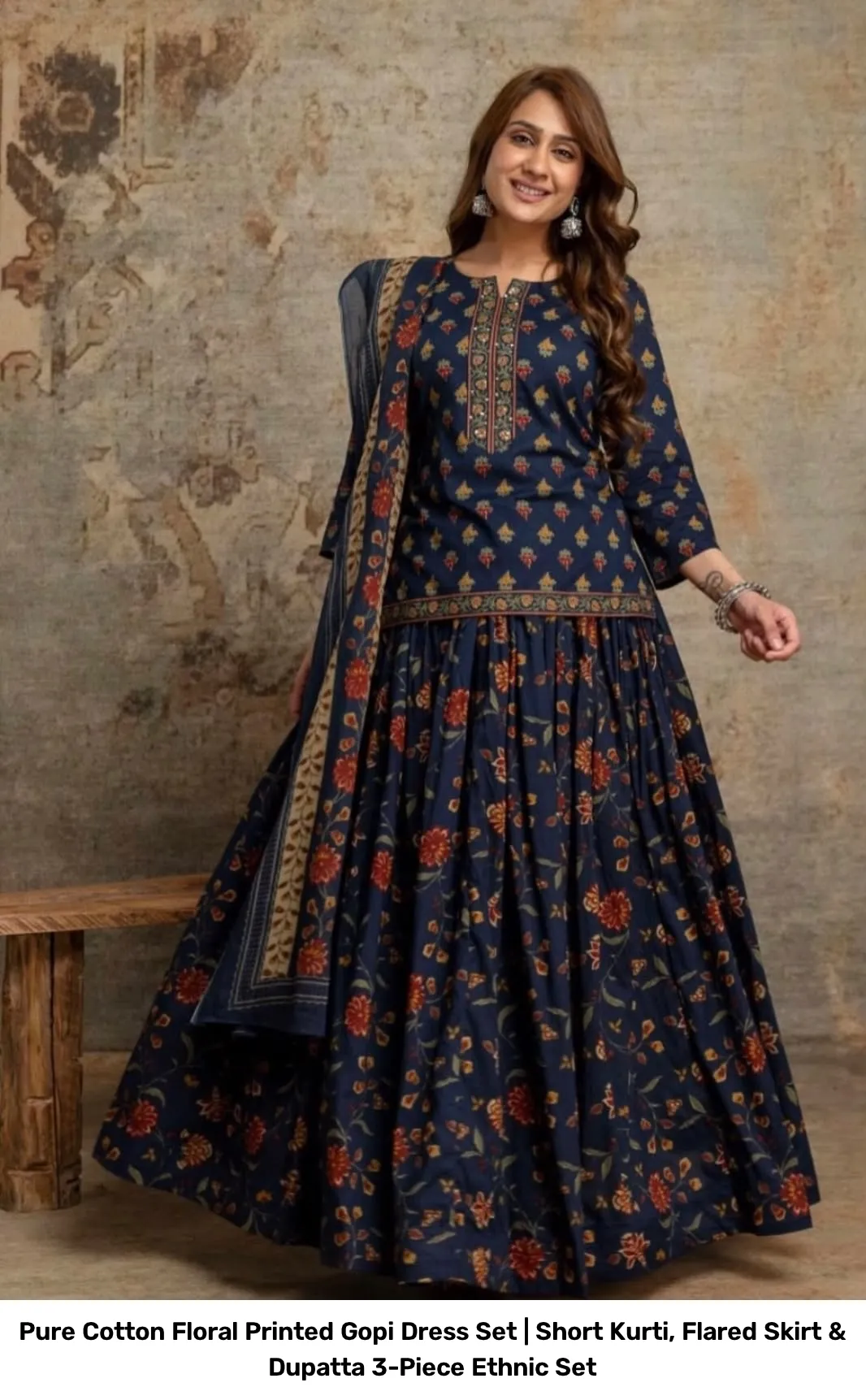 Pure Cotton Floral Printed Gopi Dress Set | Short Kurti, Flared Skirt & Dupatta 3-Piece Ethnic Set 2