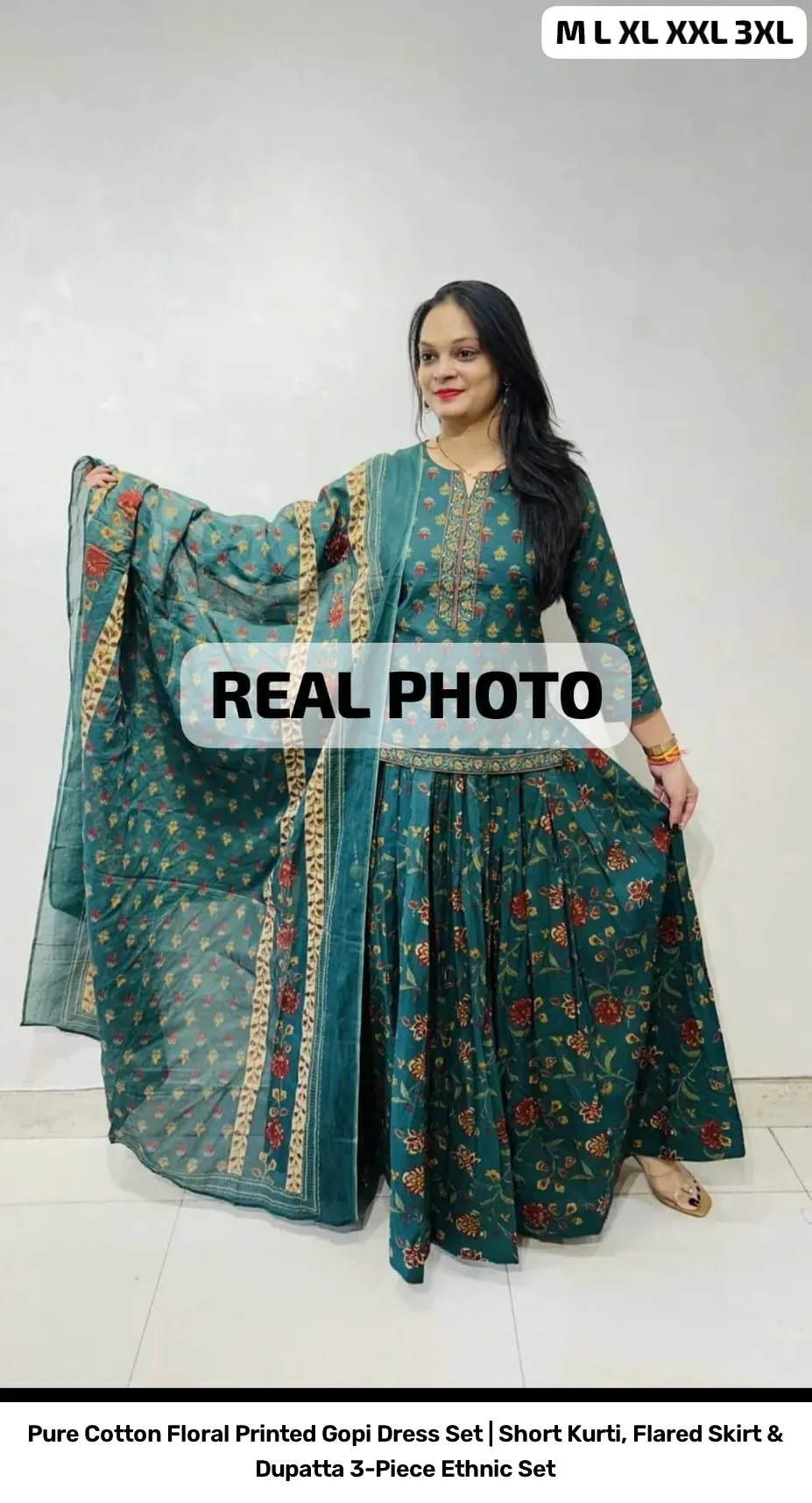 Pure Cotton Floral Printed Gopi Dress Set | Short Kurti, Flared Skirt & Dupatta 3-Piece Ethnic Set 3