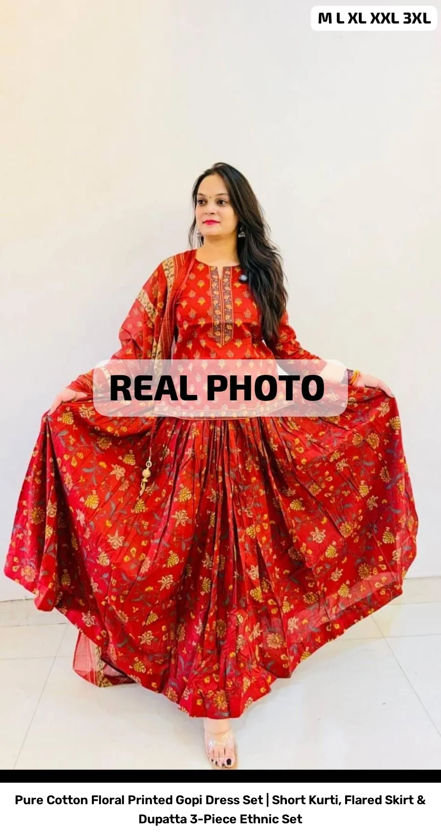 Pure Cotton Floral Printed Gopi Dress Set | Short Kurti, Flared Skirt & Dupatta 3-Piece Ethnic Set 5