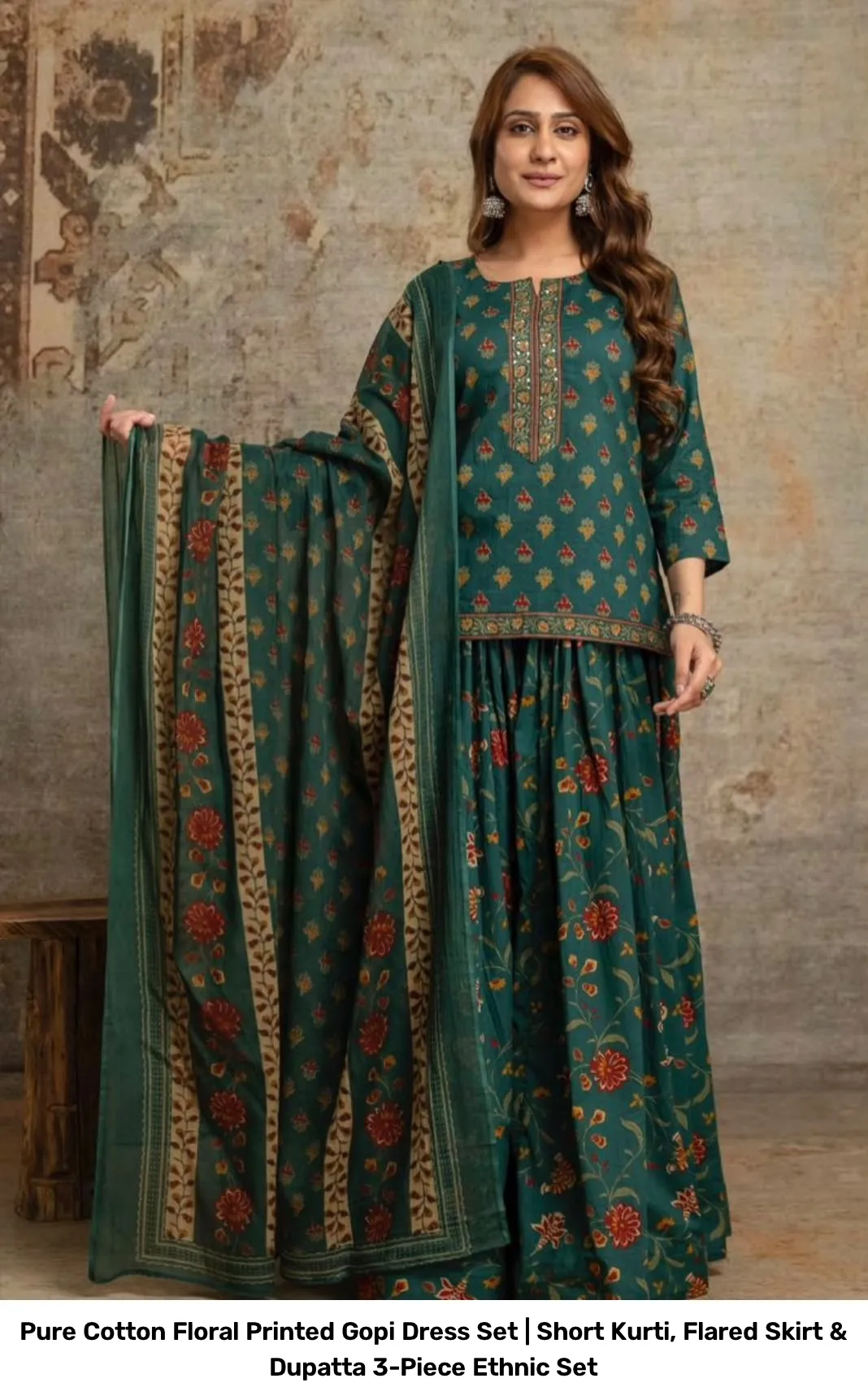 Pure Cotton Floral Printed Gopi Dress Set | Short Kurti, Flared Skirt & Dupatta 3-Piece Ethnic Set 7