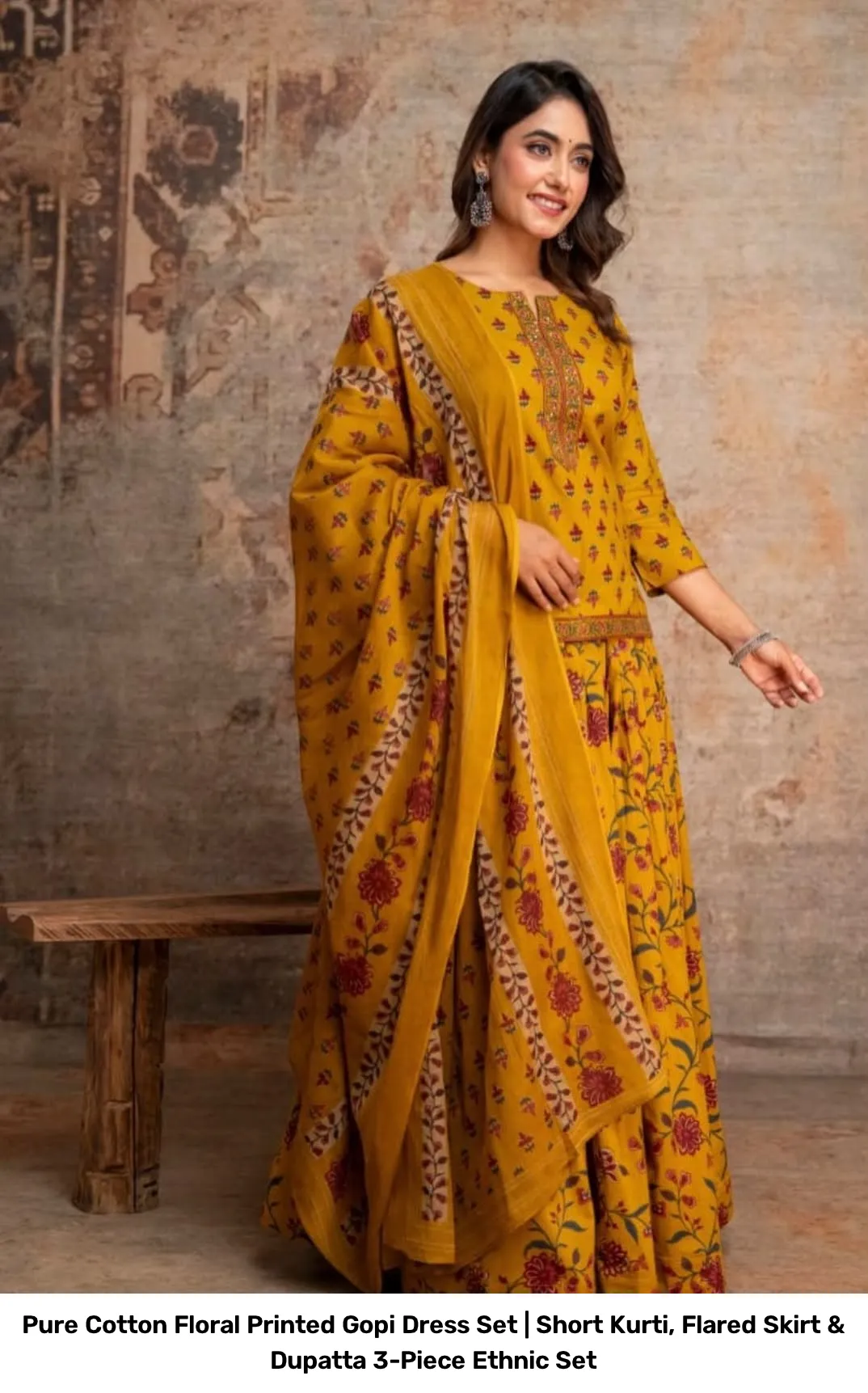 Pure Cotton Floral Printed Gopi Dress Set | Short Kurti, Flared Skirt & Dupatta 3-Piece Ethnic Set 9
