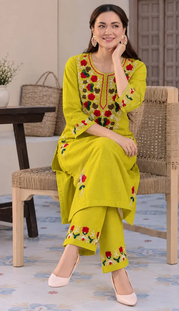 Pure Cotton Hand Aari Work Kurti with Palazzo Set | Daily & Office Wear Floral Embroidered Kurta Set