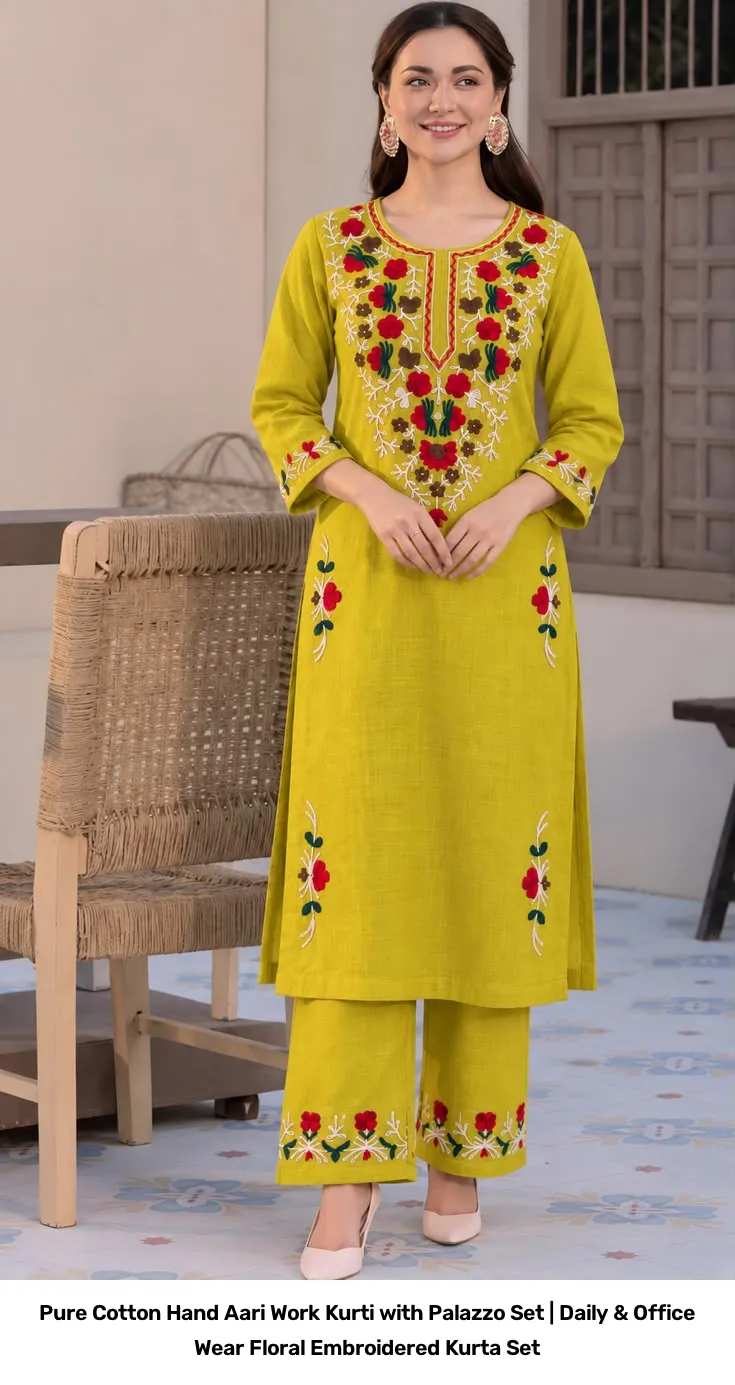 Pure Cotton Hand Aari Work Kurti with Palazzo Set | Daily & Office Wear Floral Embroidered Kurta Set 2