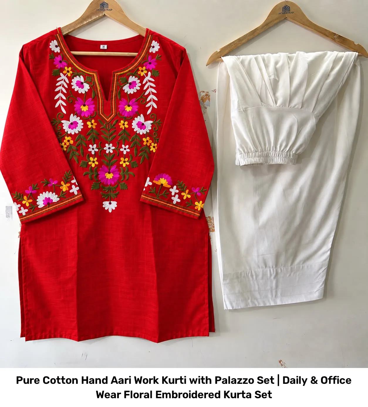 Pure Cotton Hand Aari Work Kurti with Palazzo Set | Daily & Office Wear Floral Embroidered Kurta Set 3