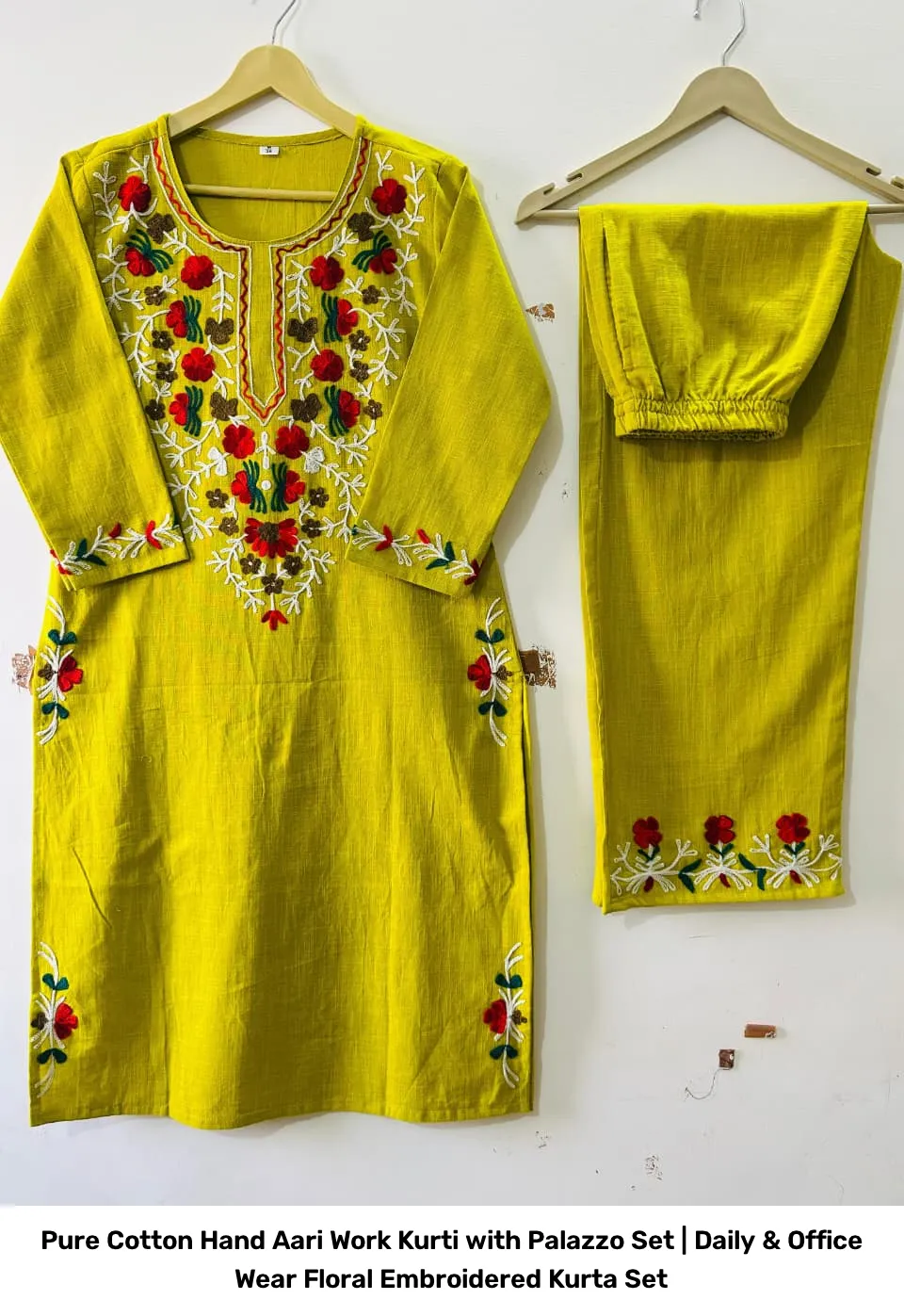 Pure Cotton Hand Aari Work Kurti with Palazzo Set | Daily & Office Wear Floral Embroidered Kurta Set 4