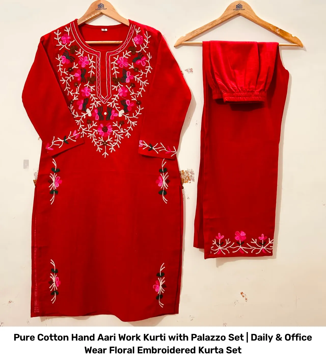 Pure Cotton Hand Aari Work Kurti with Palazzo Set | Daily & Office Wear Floral Embroidered Kurta Set 5