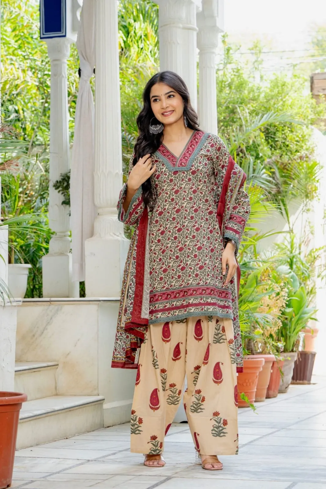 Pure Cotton Handblock Print Kurti Farshi Pant Dupatta Set