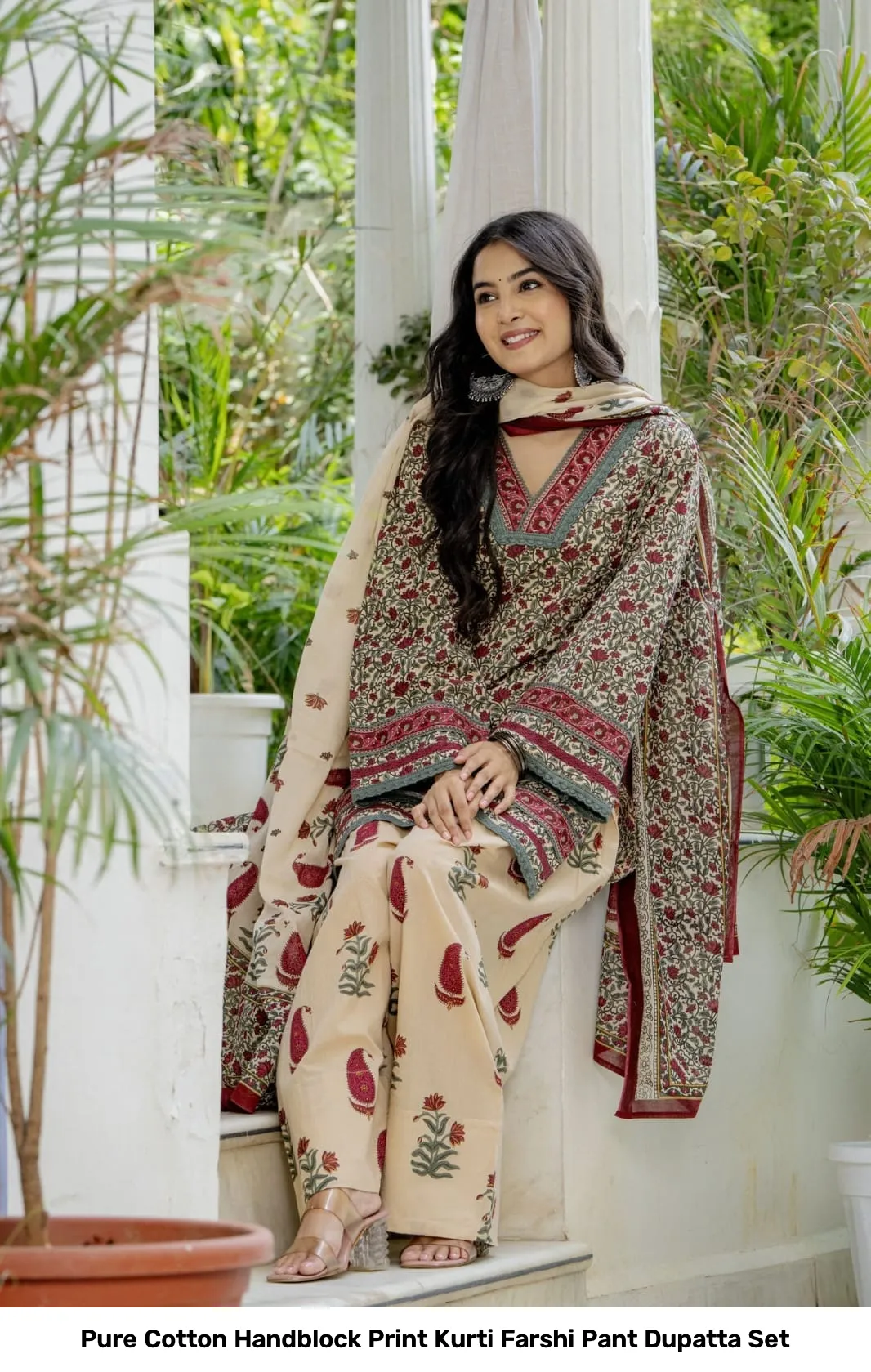 Pure Cotton Handblock Print Kurti Farshi Pant Dupatta Set 2