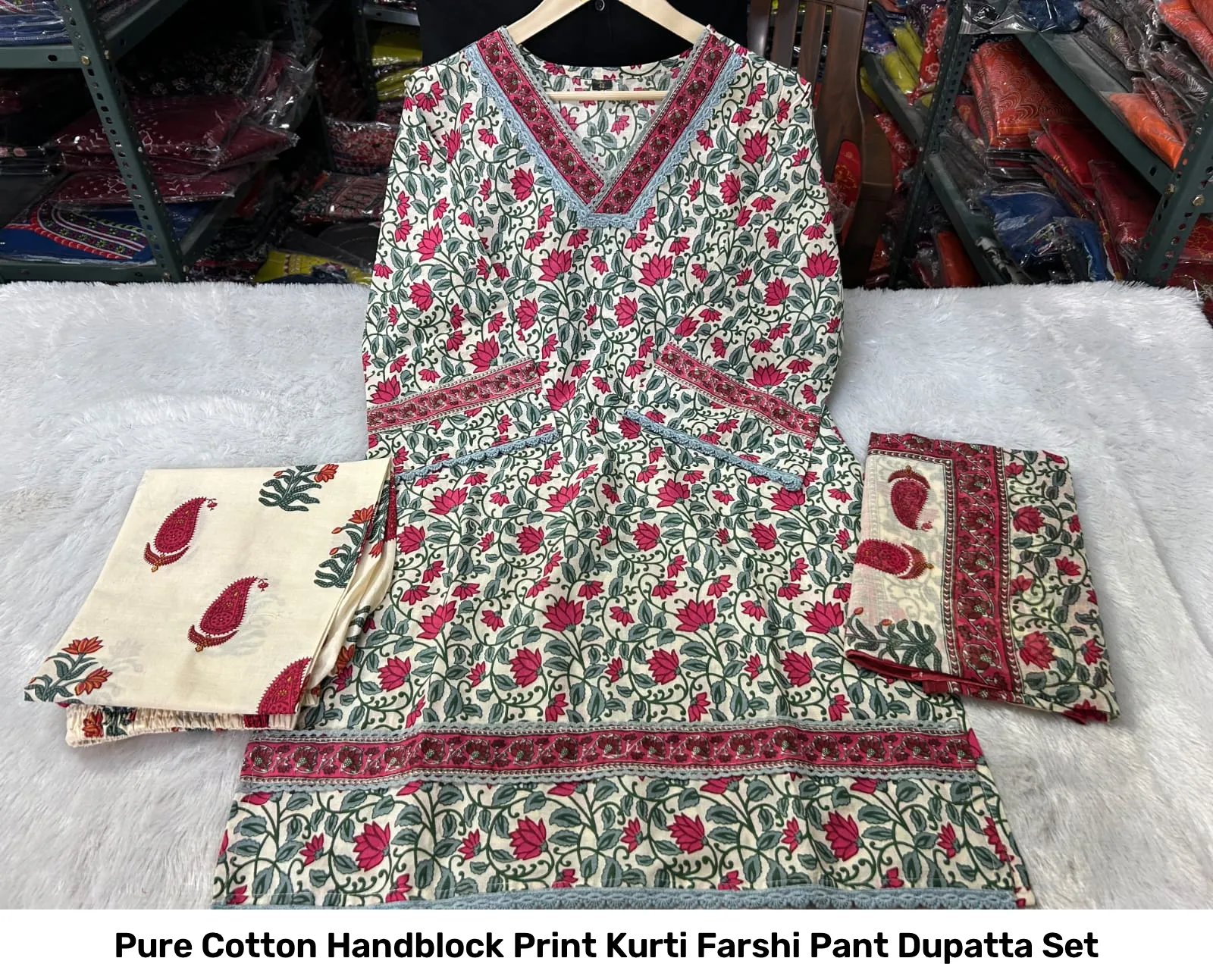 Pure Cotton Handblock Print Kurti Farshi Pant Dupatta Set 3