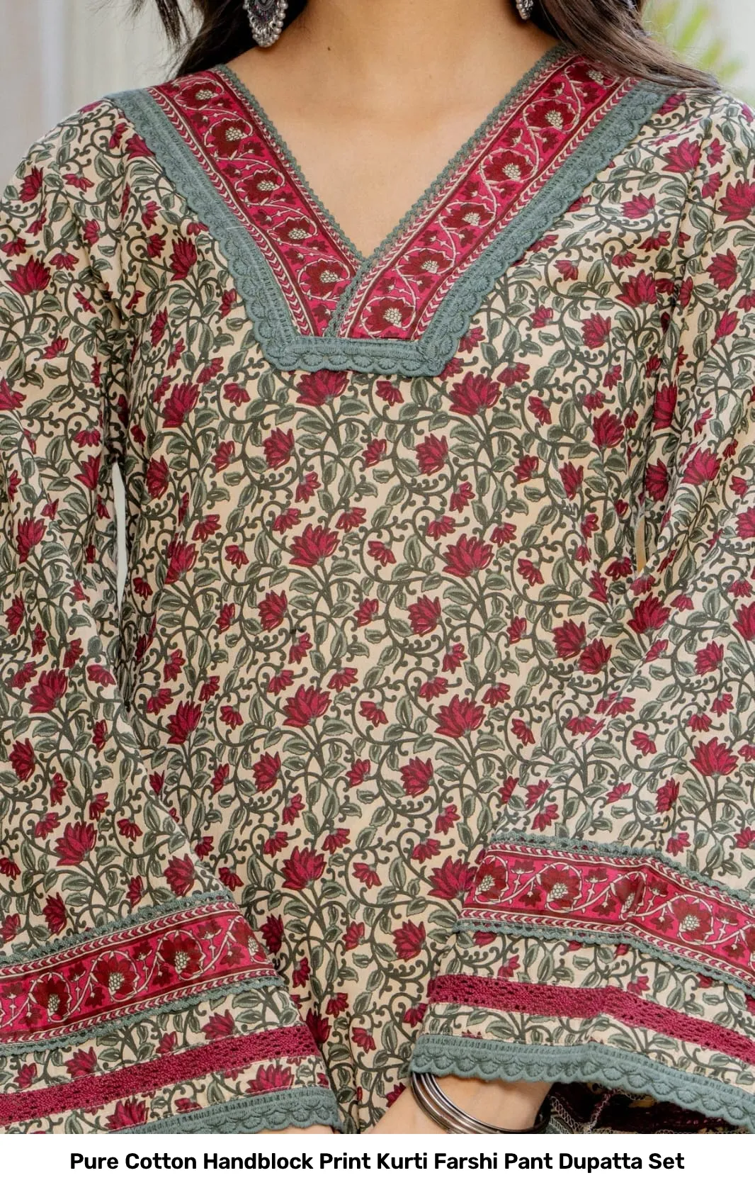 Pure Cotton Handblock Print Kurti Farshi Pant Dupatta Set 6