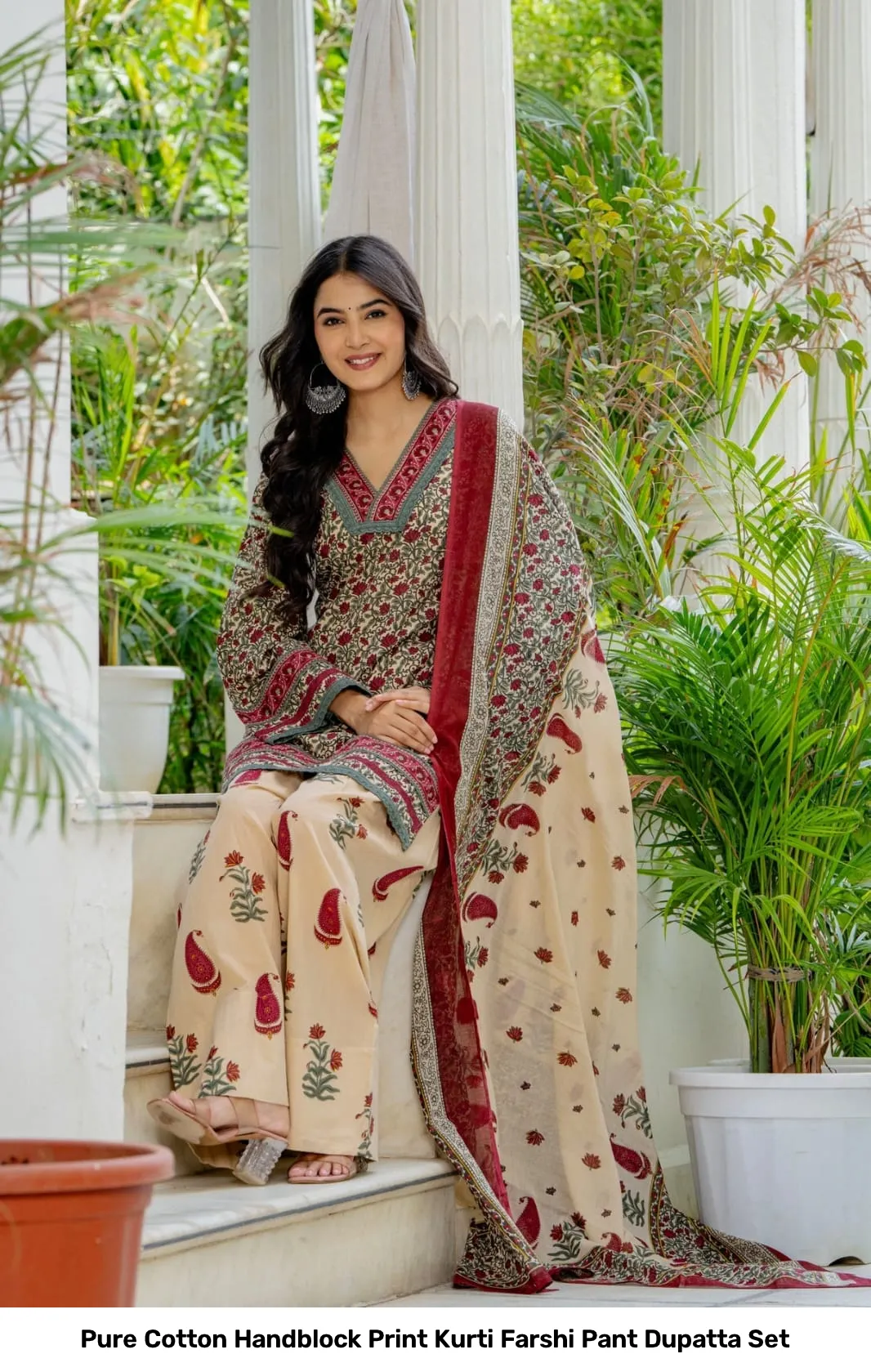 Pure Cotton Handblock Print Kurti Farshi Pant Dupatta Set 7