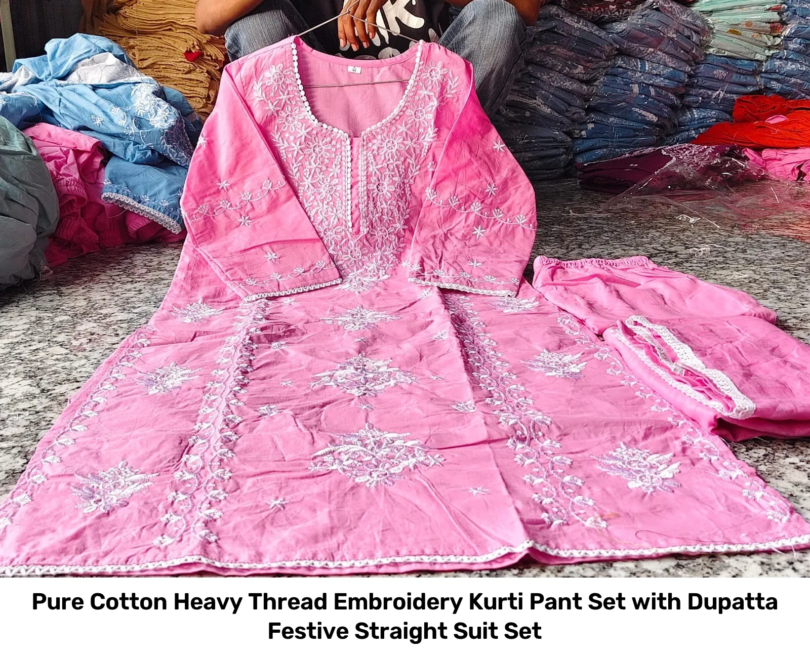 Pure Cotton Heavy Thread Embroidery Kurti Pant Set with Dupatta – Festive Straight Suit Set 10