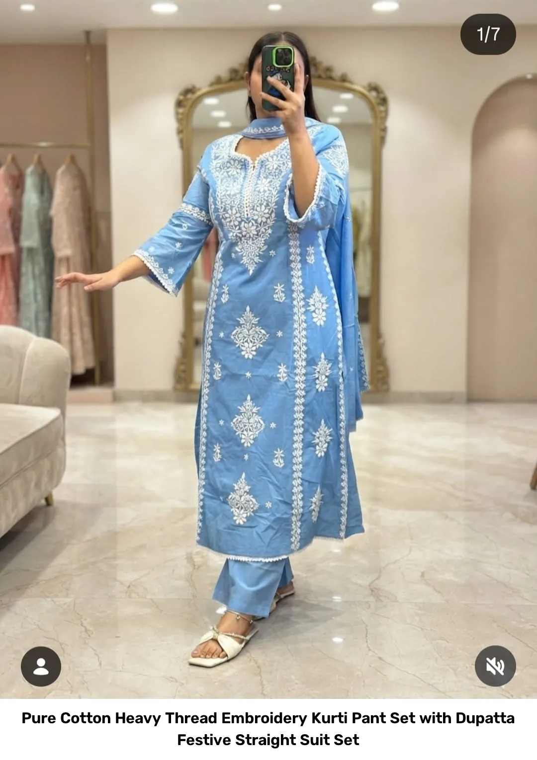 Pure Cotton Heavy Thread Embroidery Kurti Pant Set with Dupatta – Festive Straight Suit Set 11