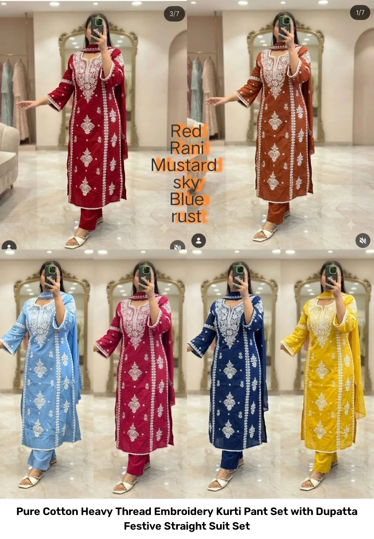 Pure Cotton Heavy Thread Embroidery Kurti Pant Set with Dupatta – Festive Straight Suit Set 12