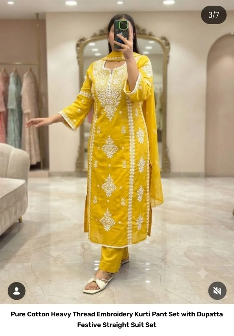Pure Cotton Heavy Thread Embroidery Kurti Pant Set with Dupatta – Festive Straight Suit Set 14