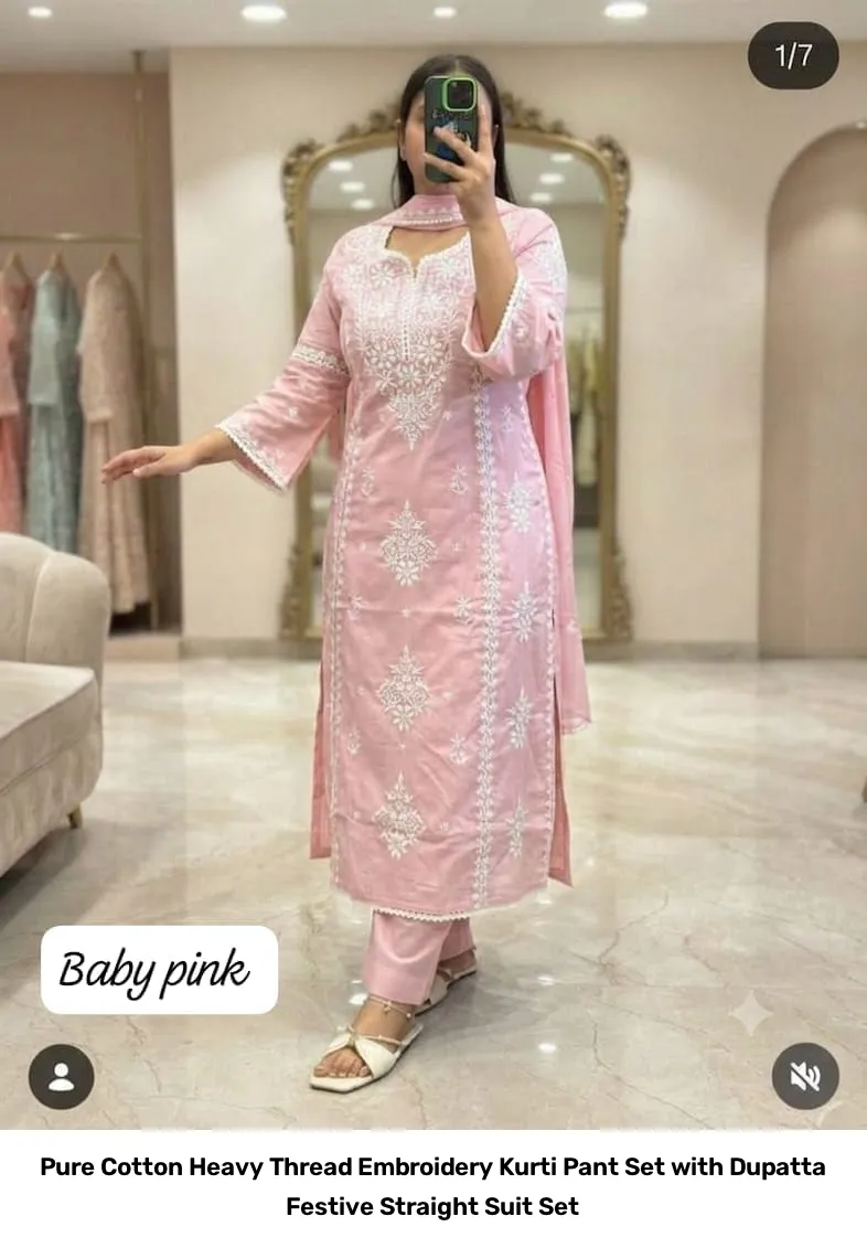 Pure Cotton Heavy Thread Embroidery Kurti Pant Set with Dupatta – Festive Straight Suit Set 16