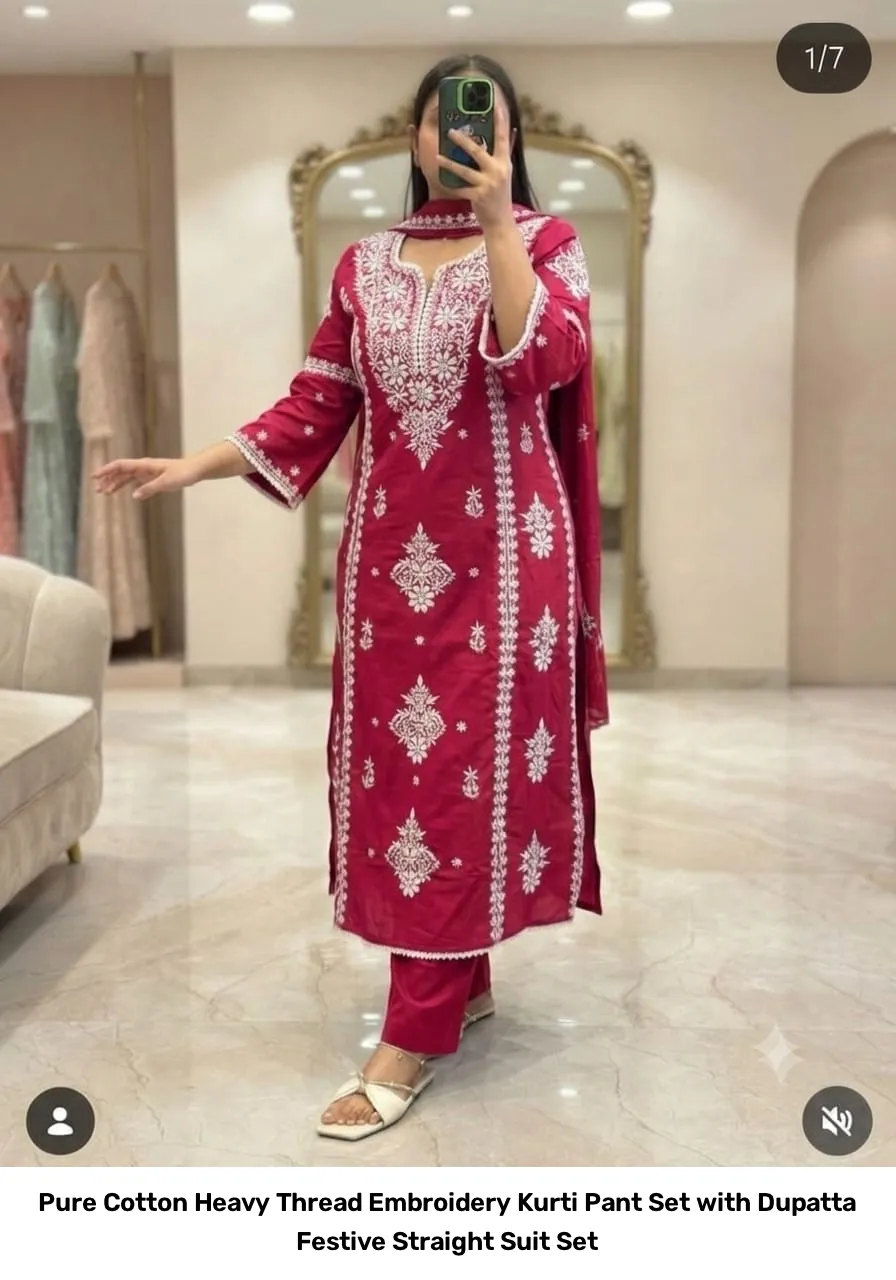 Pure Cotton Heavy Thread Embroidery Kurti Pant Set with Dupatta – Festive Straight Suit Set 2