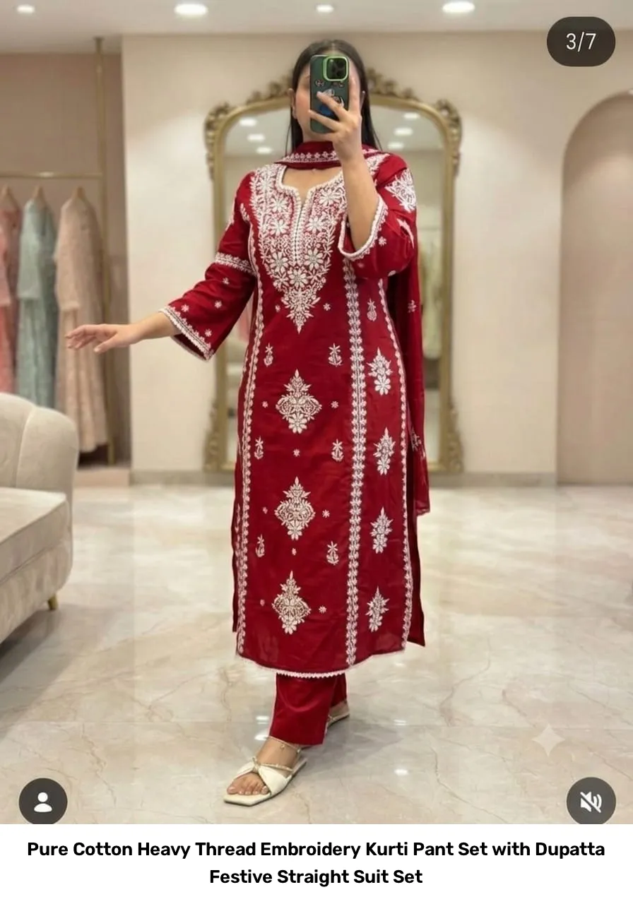 Pure Cotton Heavy Thread Embroidery Kurti Pant Set with Dupatta – Festive Straight Suit Set 4