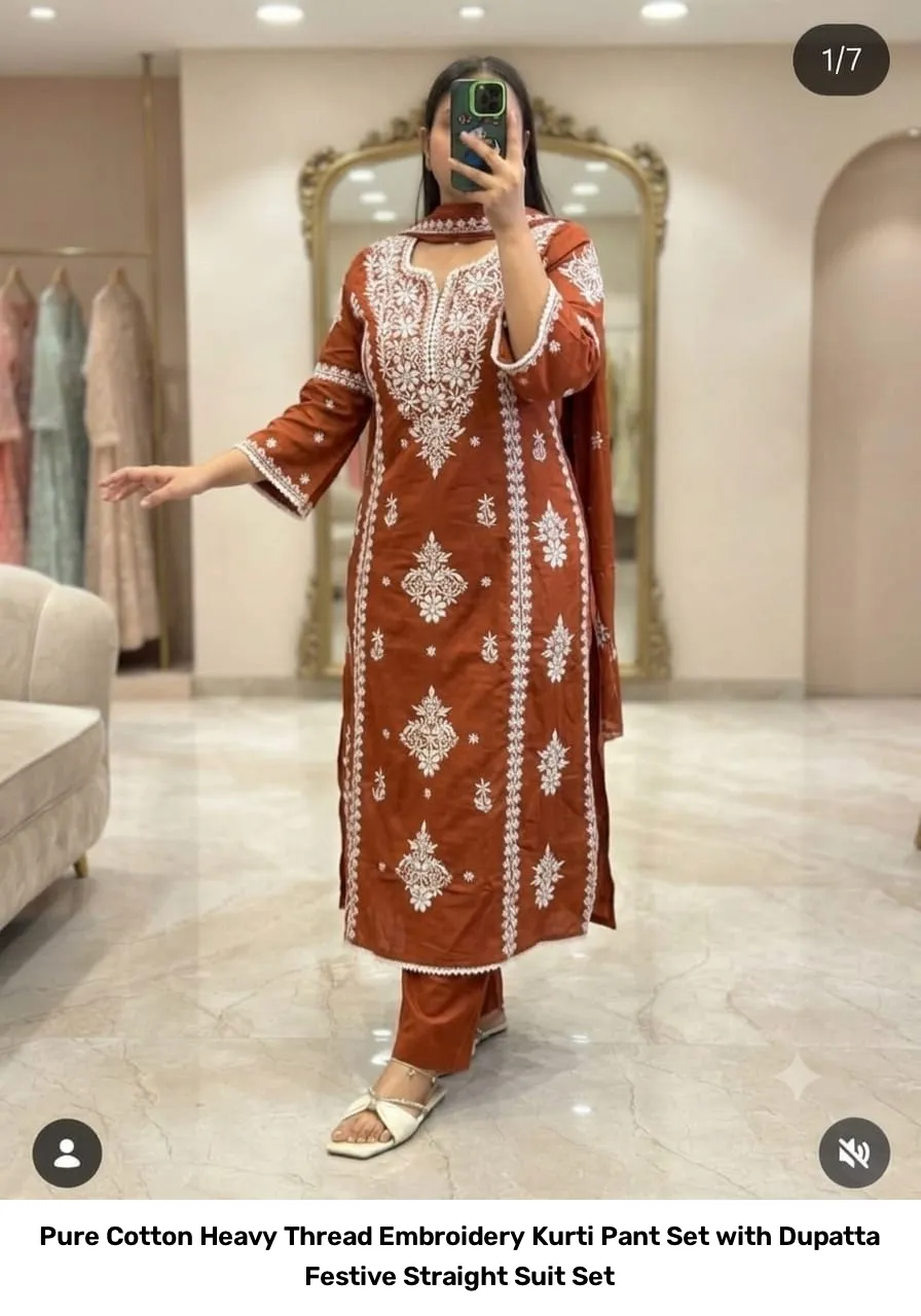 Pure Cotton Heavy Thread Embroidery Kurti Pant Set with Dupatta – Festive Straight Suit Set 5