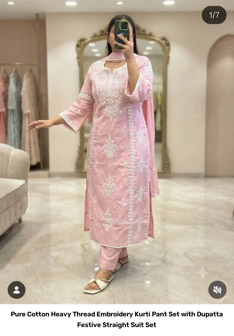 Pure Cotton Heavy Thread Embroidery Kurti Pant Set with Dupatta – Festive Straight Suit Set 7