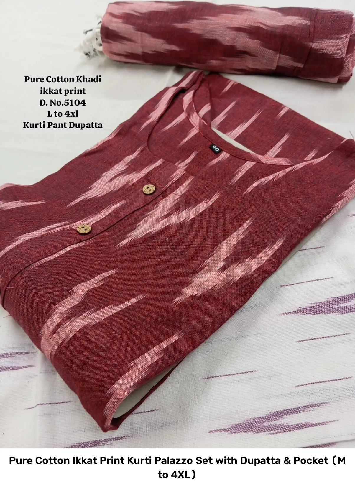 Pure Cotton Ikkat Print Kurti Palazzo Set with Dupatta & Pocket (M to 4XL) 6